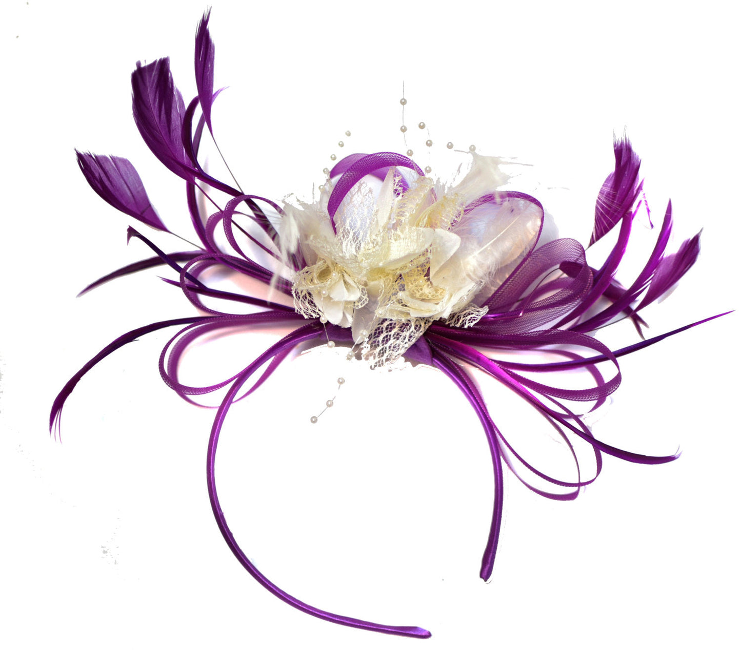 Caprilite Magenta Plum and Cream Ivory Fascinator on Headband Alice Band UK Wedding Ascot Races Derby