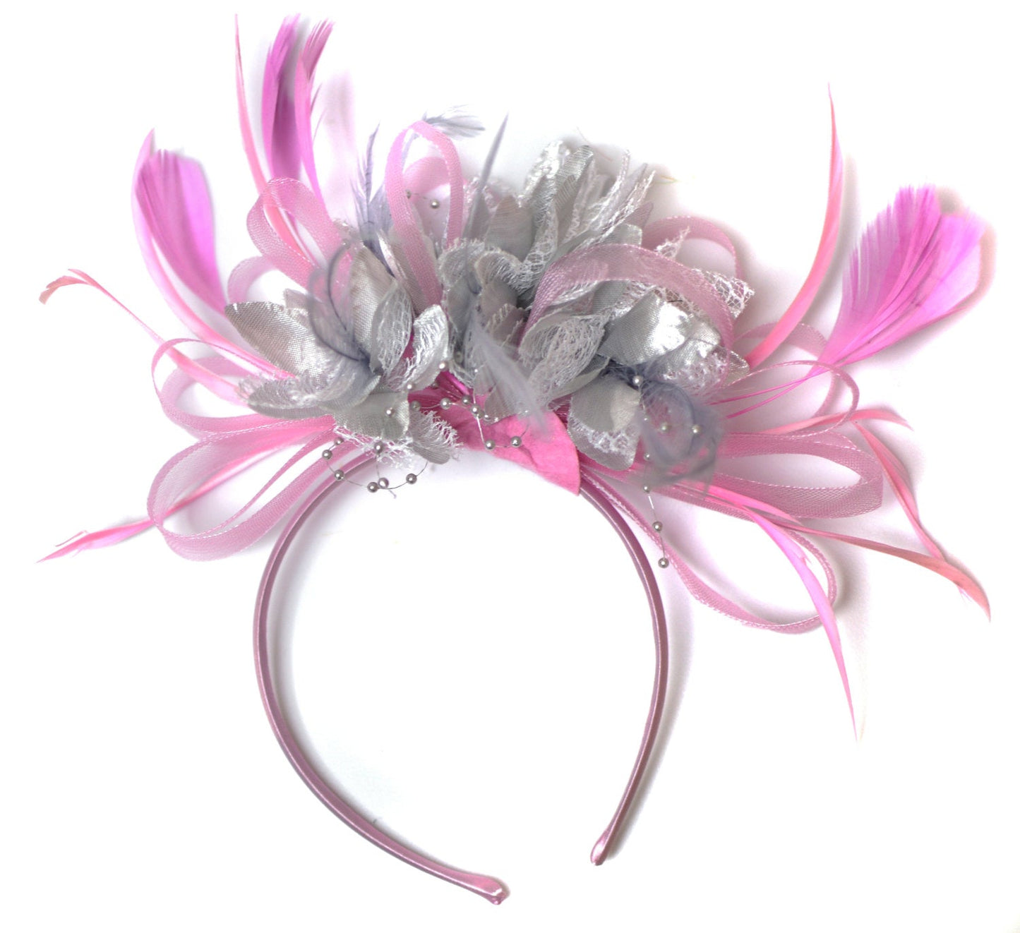 Caprilite Baby Pink and Silver Fascinator on Headband Alice Band UK Wedding Ascot Races Derby