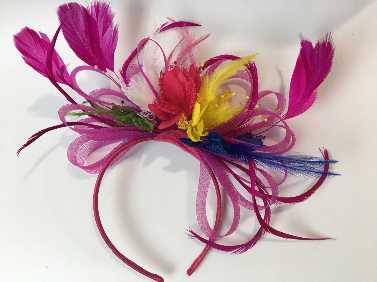 Caprilite Fuchsia Green Yellow White Blue Fascinator on Headband Alice Band UK Wedding Ascot Races Derby