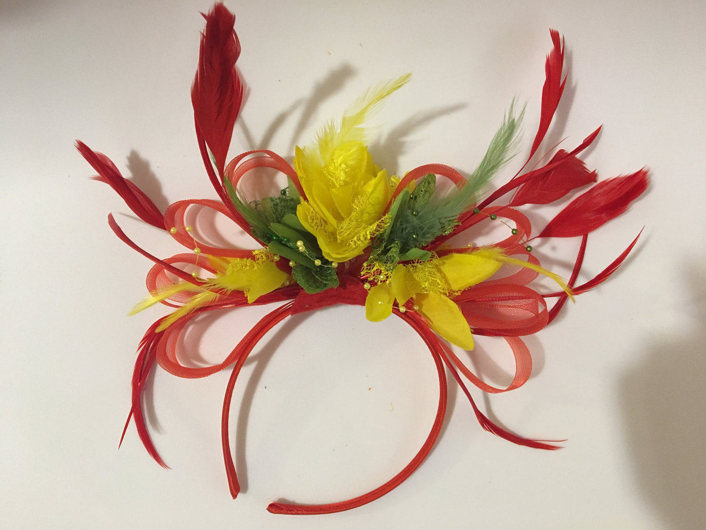 Caprilite Red Yellow Green Fascinator on Headband Alice Band UK Wedding Ascot Races Derby