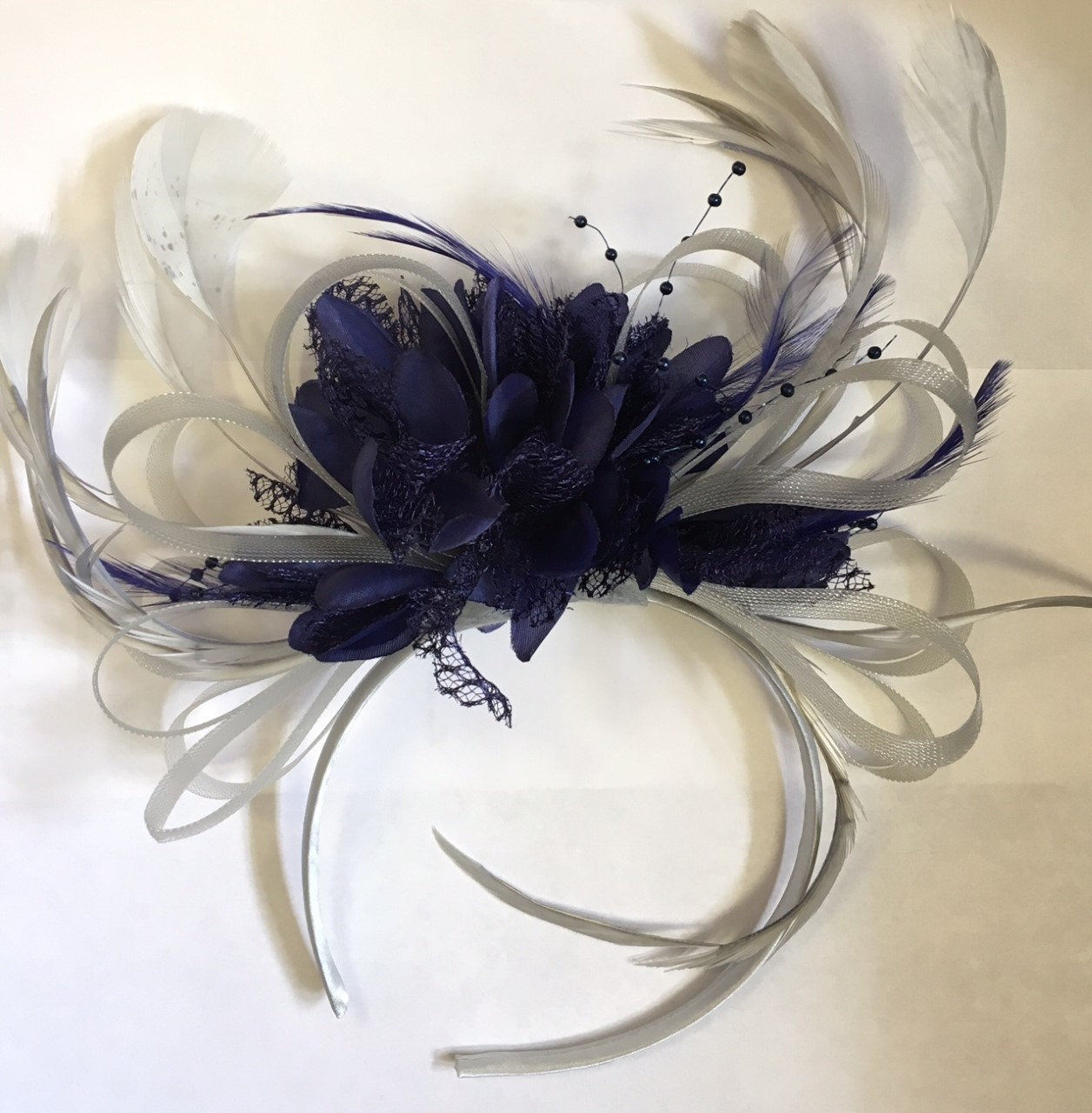 Caprilite Silver Grey and Navy Blue Fascinator on Headband Alice Band UK Wedding Ascot Races Loop