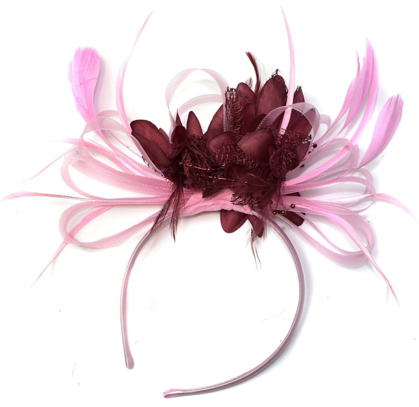 Caprilite Baby Pink and Burgundy Wine Red Fascinator on Headband Alice Band UK Wedding Ascot Races Derby