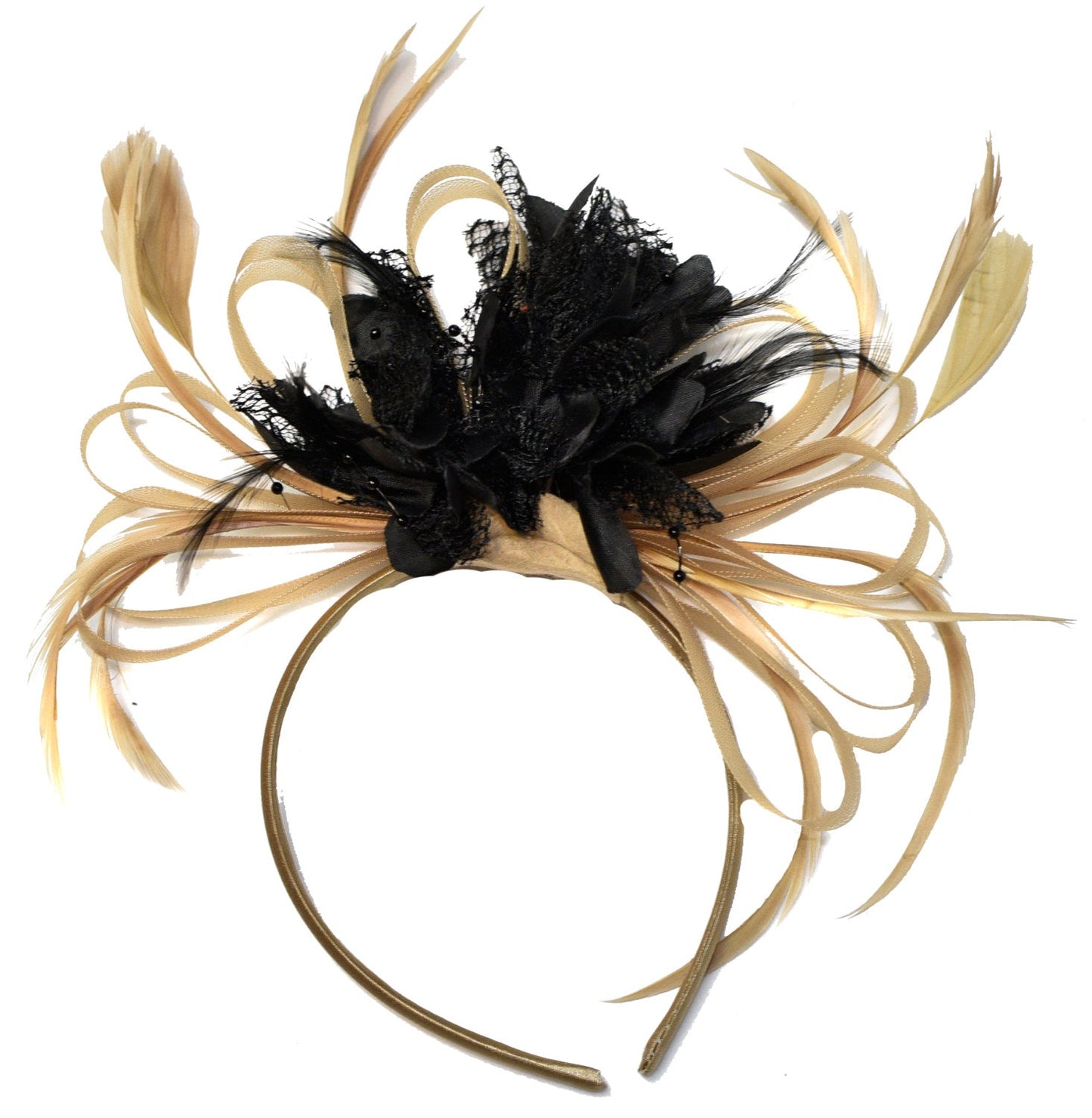 Caprilite Champagne Gold Beige Camel and Black Fascinator on Headband Alice Band UK Wedding Ascot Races Derby