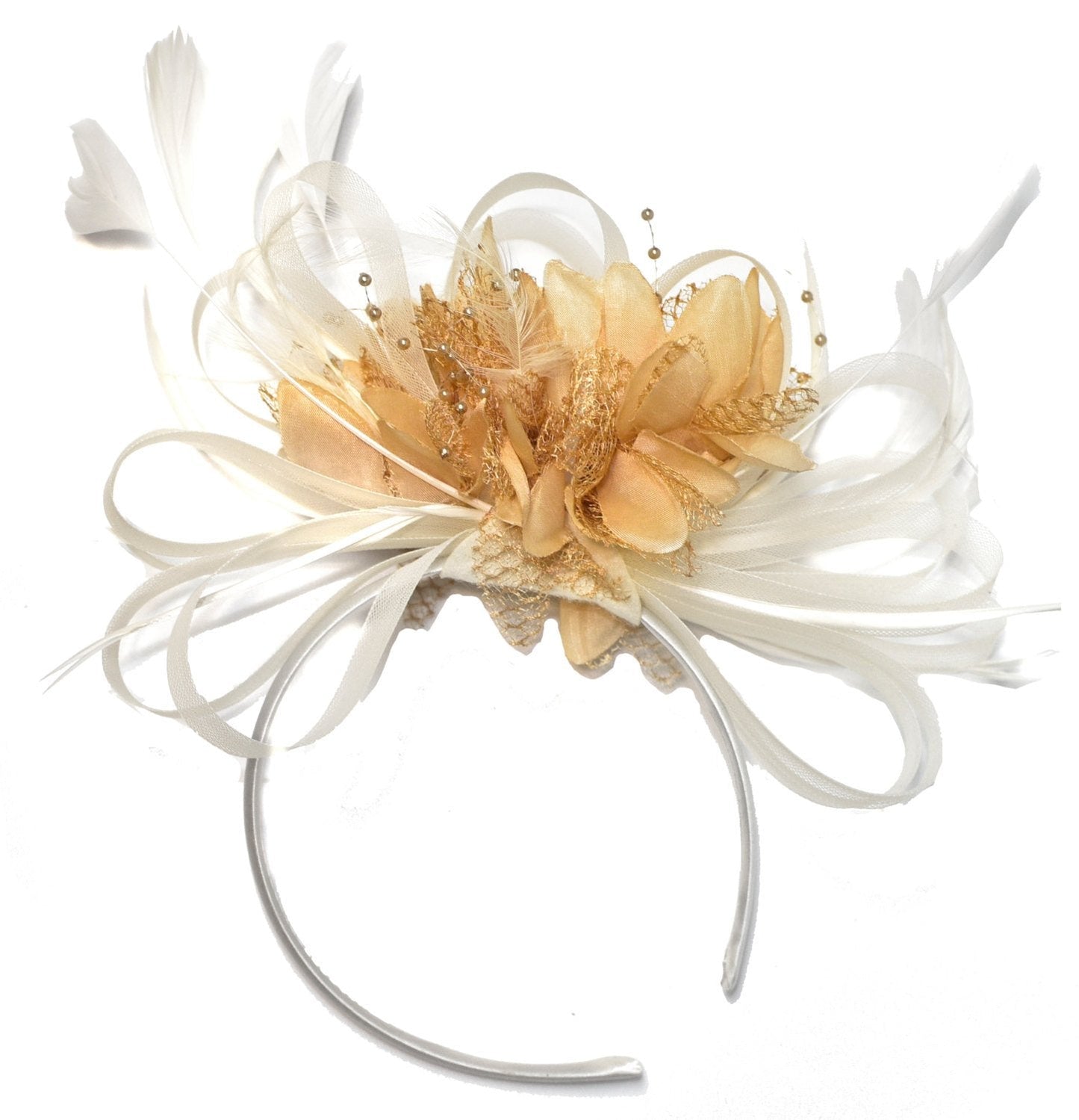 Caprilite White and Camel Beige Fascinator on Headband Alice Band UK Wedding Ascot Races Derby