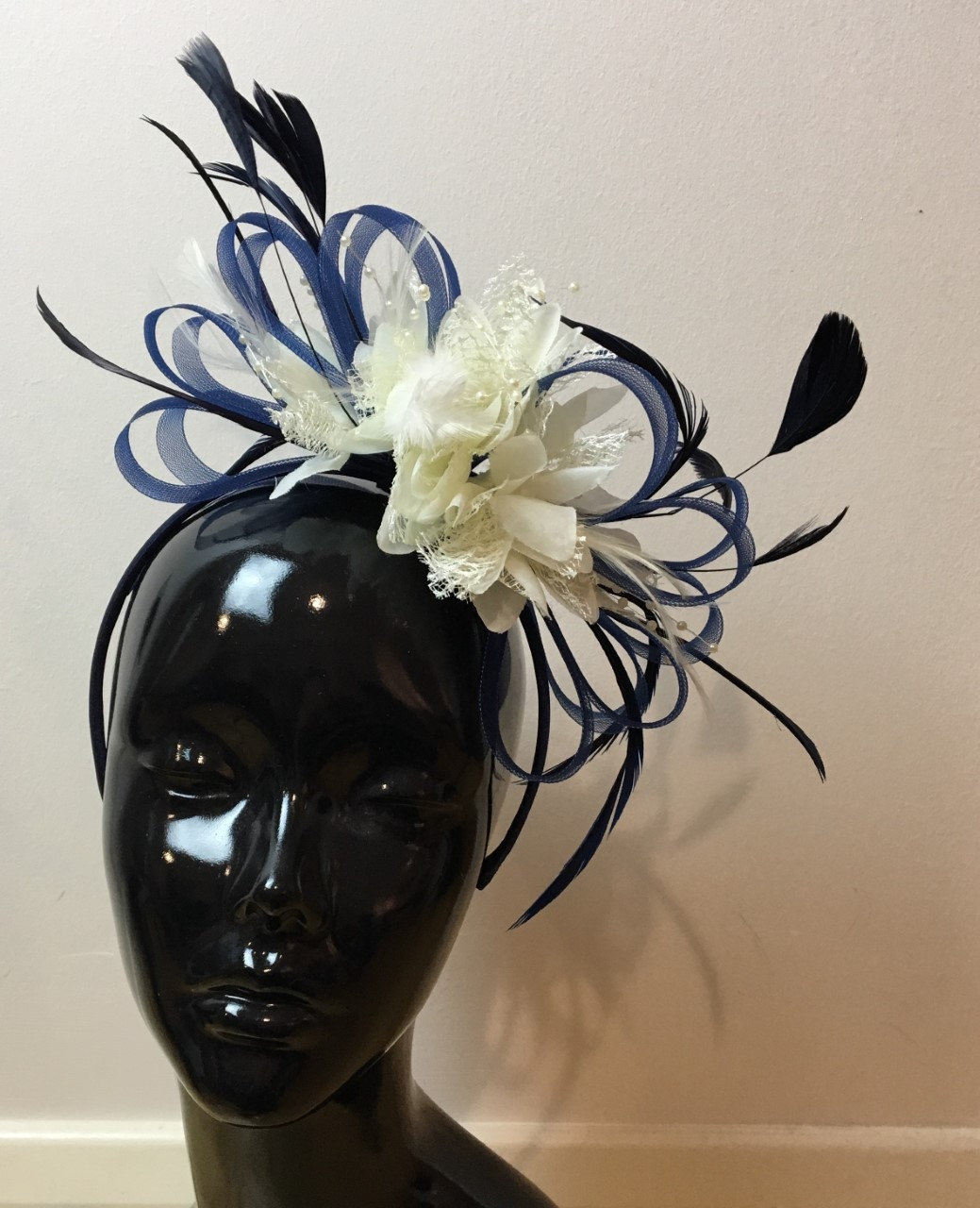 Caprilite Navy Blue Hoop & Cream Feathers Fascinator On Headband