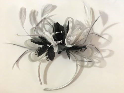 Caprilite Silver Grey and Black White Fascinator on Headband Alice Band UK Wedding Ascot Races Derby