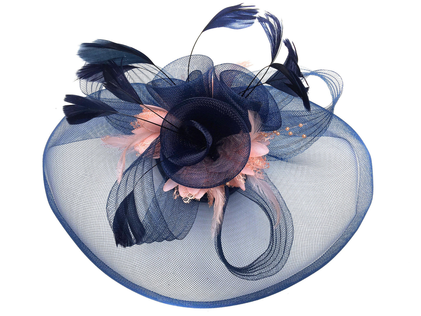 Caprilite Big Navy and Peach Nude Pink Fascinator Hat Veil Net Hair Clip Ascot Derby Races Wedding Feather Flower