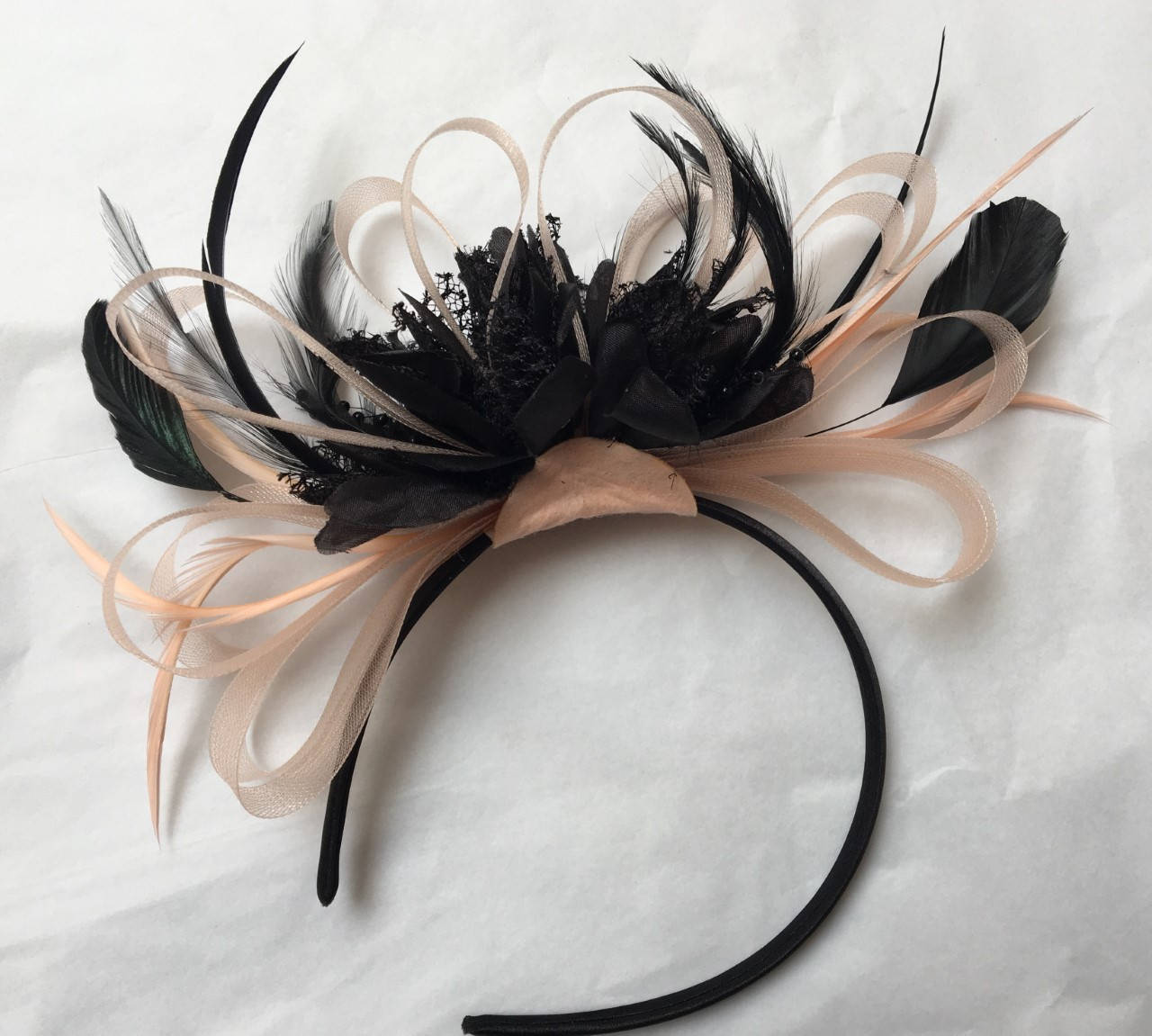 Caprilite Nude Salmon Peach Pink & Black Fascinator on Headband AliceBand UK Wedding Ascot Races Loop