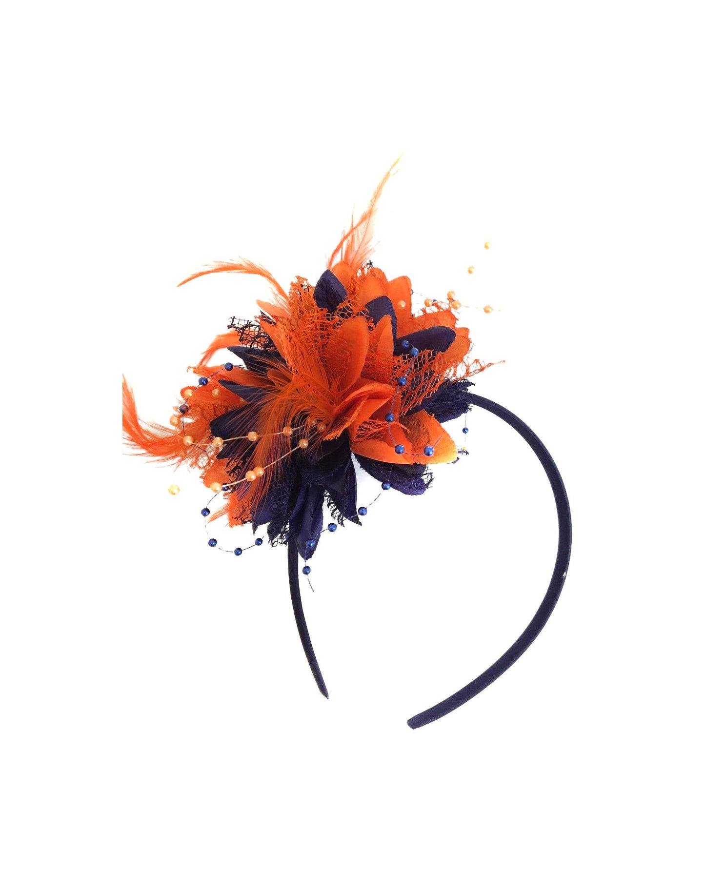 Caprilite Navy and Orange Fascinator Clip Hair Band Flower Corsage