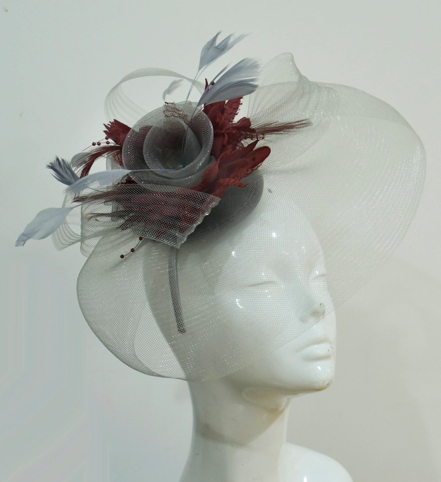 Caprilite Grey Silver and Burgundy Fascinator on Headband Veil UK Wedding Ascot Races Hatinator