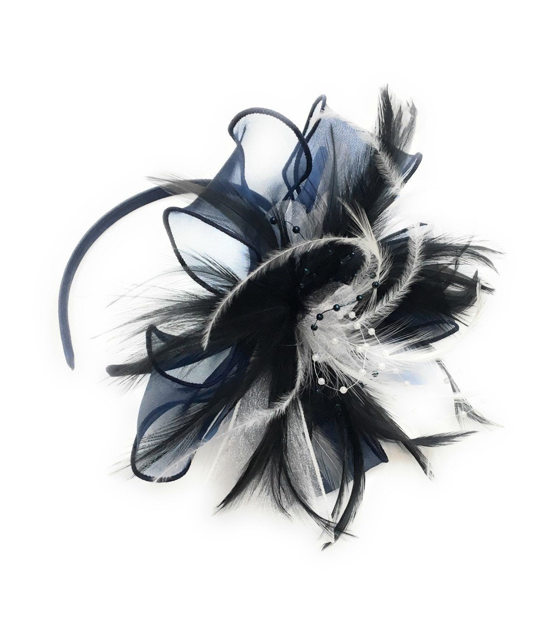 Caprilite Navy Blue, Black & White Chiffon Feathers Fascinator Headband Ascot Wedding