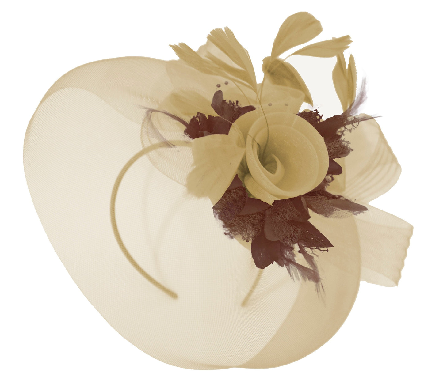 Caprilite Beige Camel and Brown Fascinator Hat Veil Net Hair Clip Ascot Derby Races Wedding Headband Feather Flower