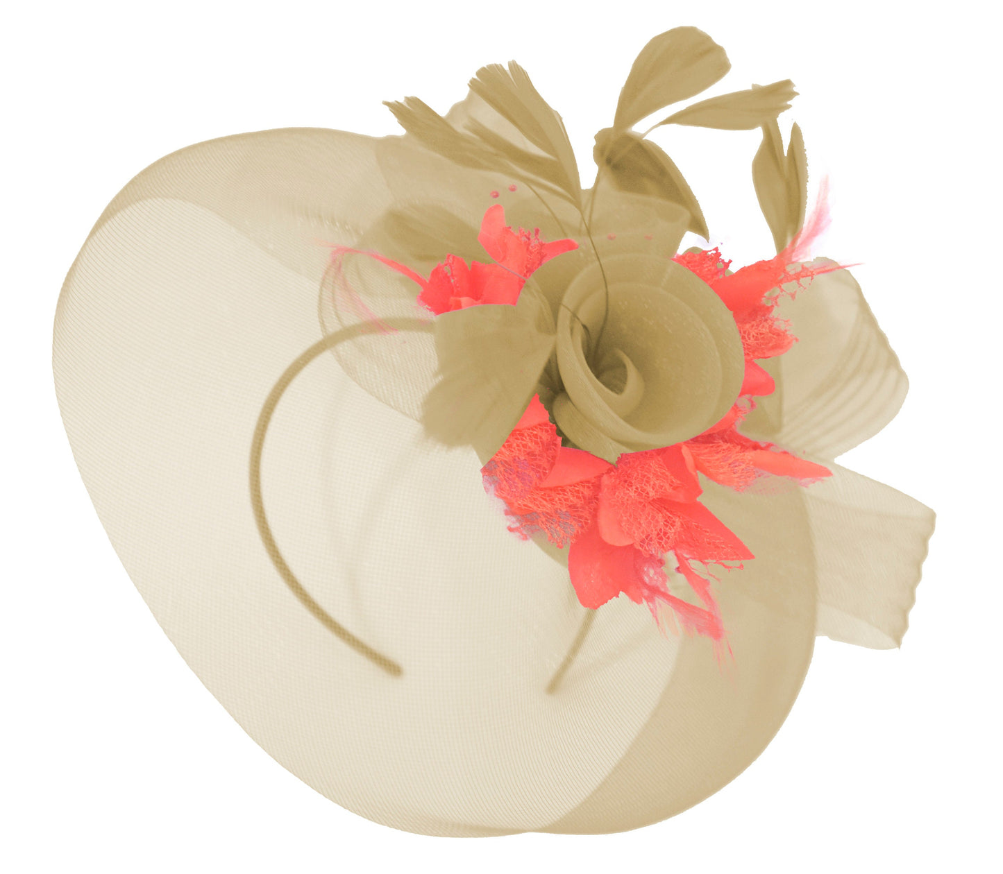 Caprilite Beige Camel and Coral Fascinator Hat Veil Net Hair Clip Ascot Derby Races Wedding Headband Feather Flower