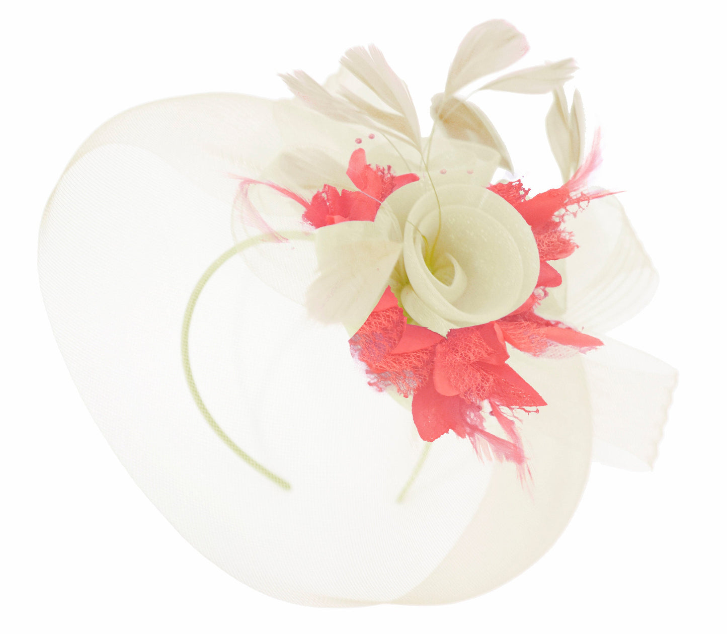 Caprilite Cream and Coral Fascinator on Headband Veil UK Wedding Ascot Races Hatinator Women