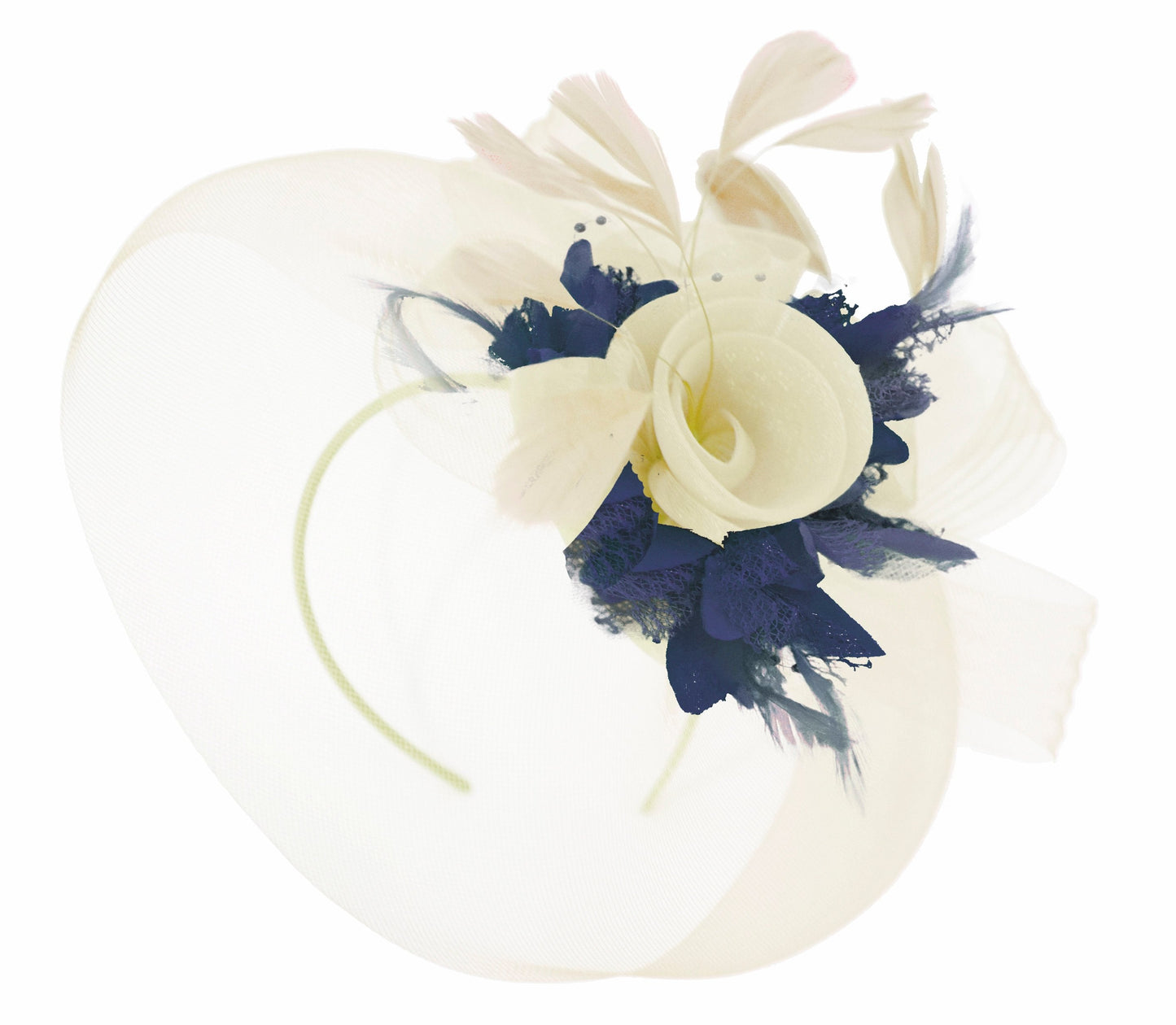 Caprilite Cream and Navy Fascinator on Headband Veil UK Wedding Ascot Races Hatinator Women