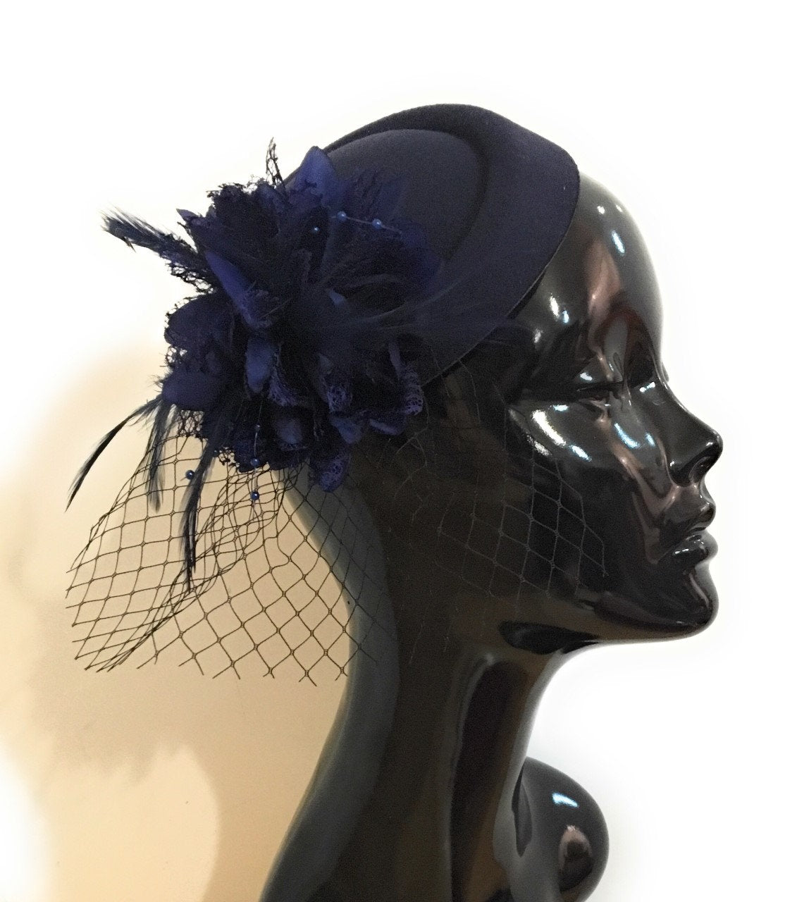 Caprilite Navy Blue Fascinator Hat Pill Box Flower Black Veil Hatinator UK Wedding Ascot Races Clip Felt