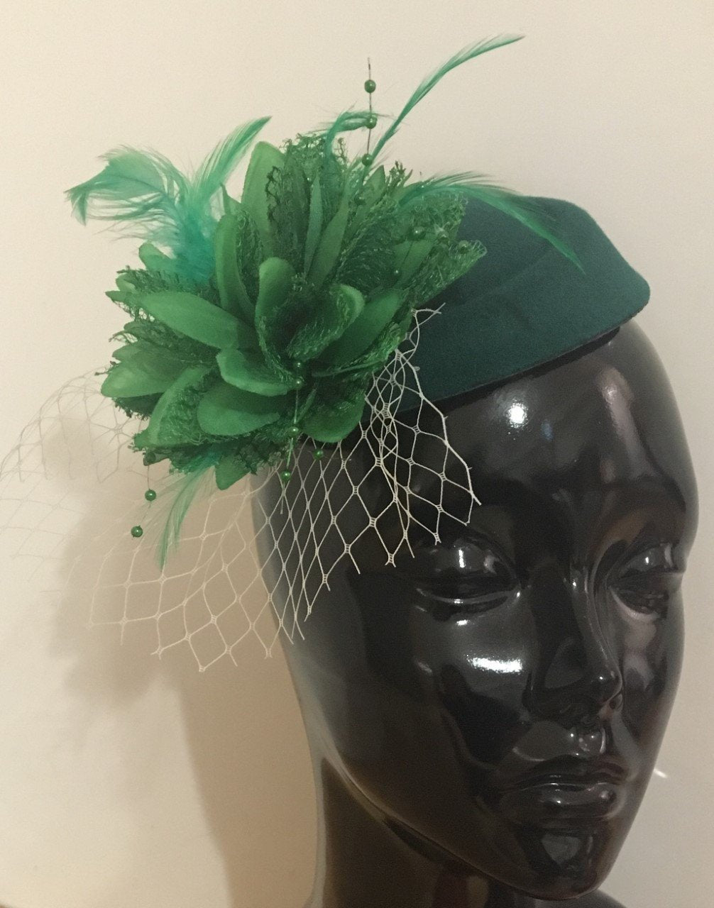 Caprilite Forest Green Grass Green Fascinator Hat Pill Box Flower White Veil Hatinator UK Wedding Ascot Races Clip Felt