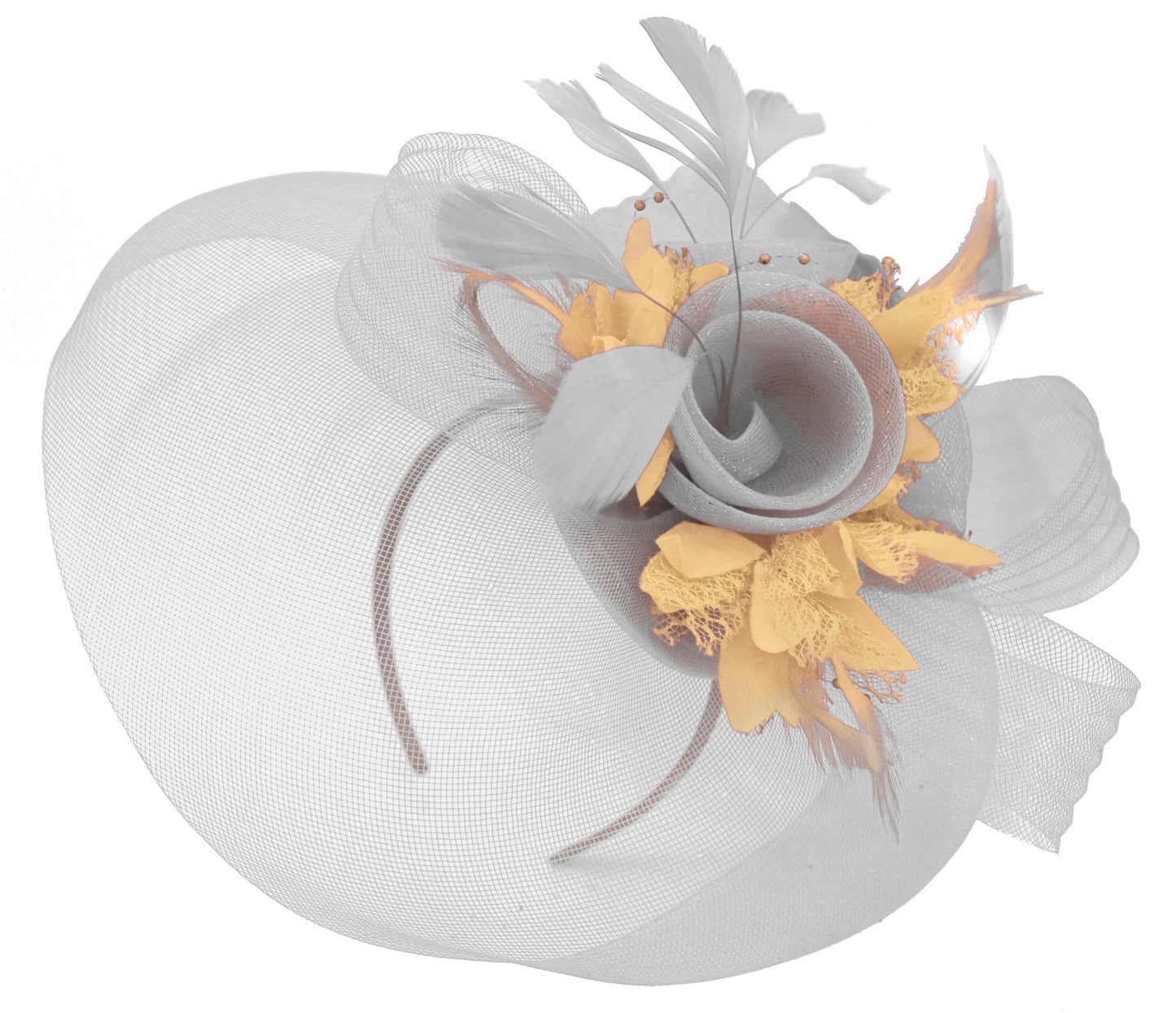 Caprilite Grey Silver and Beige Fascinator on Headband Veil UK Wedding Ascot Races Hatinator