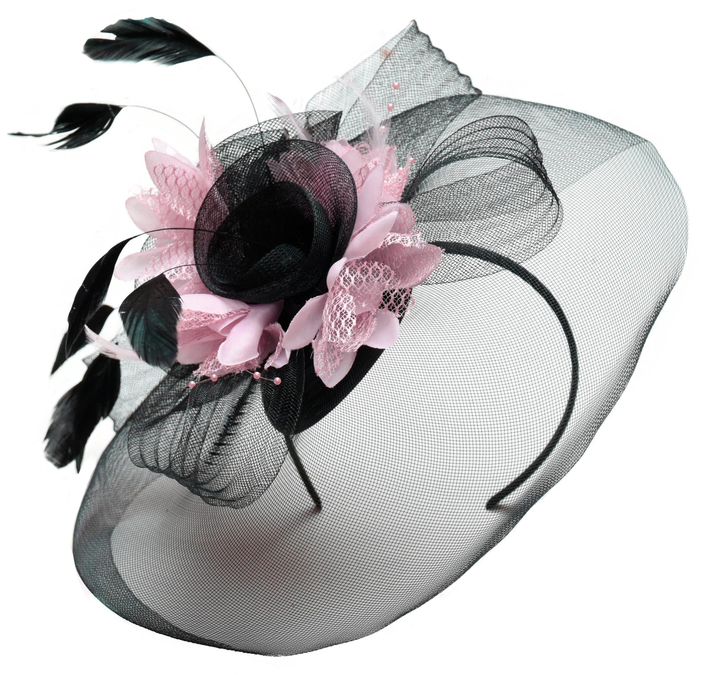 Caprilite Big Black and Baby Pink Fascinator Hat Veil Net Hair Clip Ascot Derby Races Wedding Headband Feather Flower