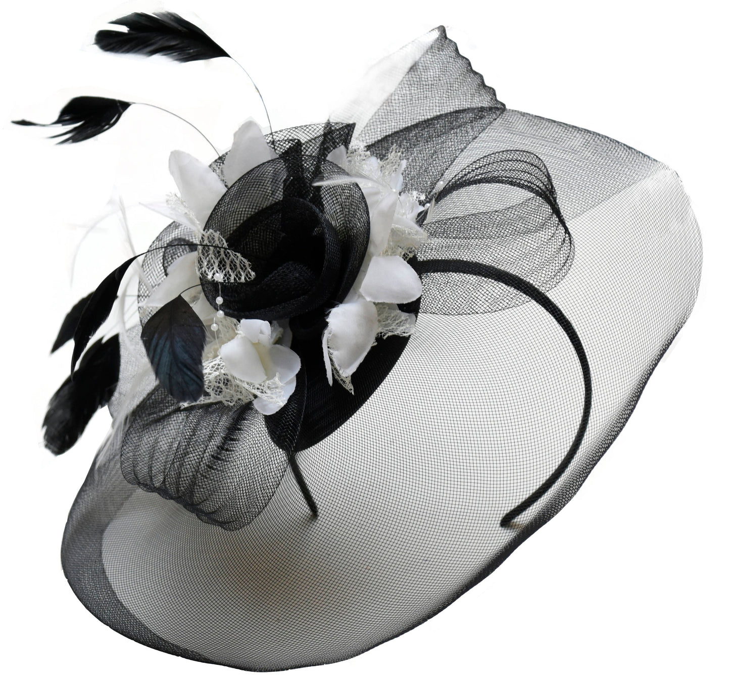 Caprilite Big Black and Cream Ivory Fascinator Hat Veil Net Hair Clip Ascot Derby Races Wedding Headband Feather Flower