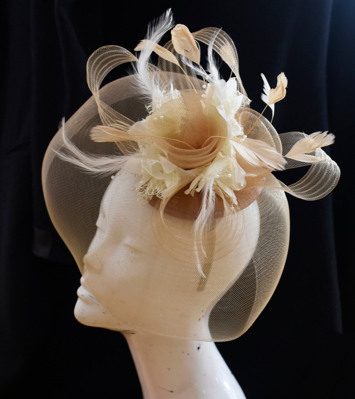 Caprilite Beige Camel and Cream Ivory Fascinator Hat Veil Net Hair Clip Ascot Derby Races Wedding Headband Feather Flower