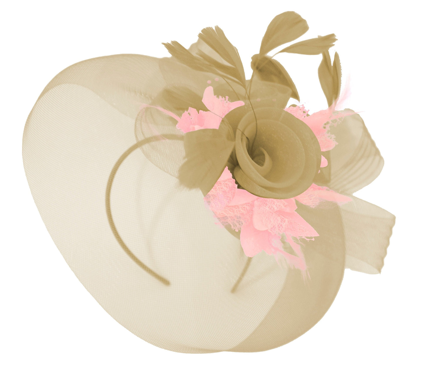 Caprilite Beige Camel and Baby Pink Fascinator Hat Veil Net Hair Clip Ascot Derby Races Wedding Headband Feather Flower