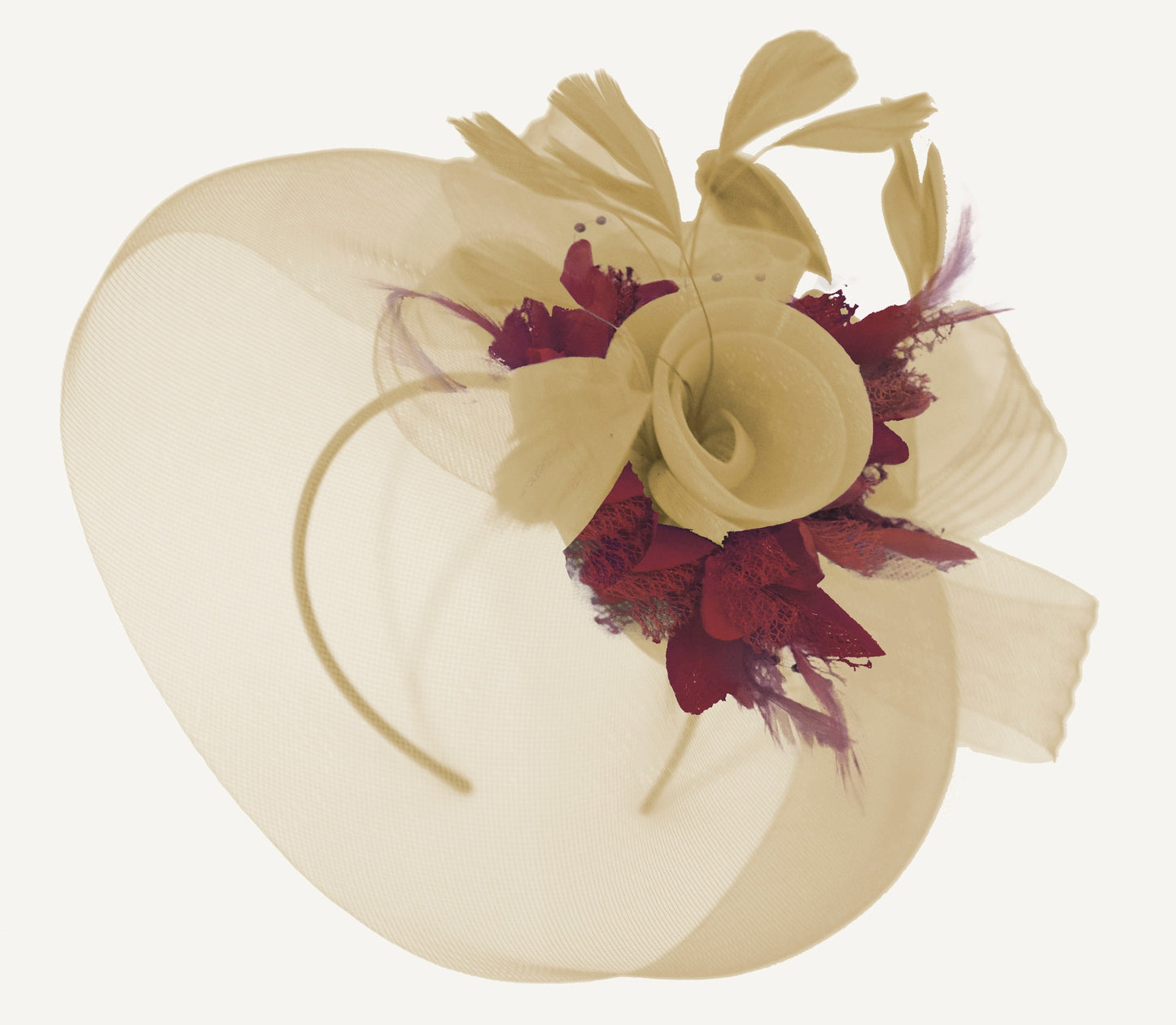 Caprilite Beige Camel and Burgundy Fascinator Hat Veil Net Hair Clip Ascot Derby Races Wedding Headband Feather Flower