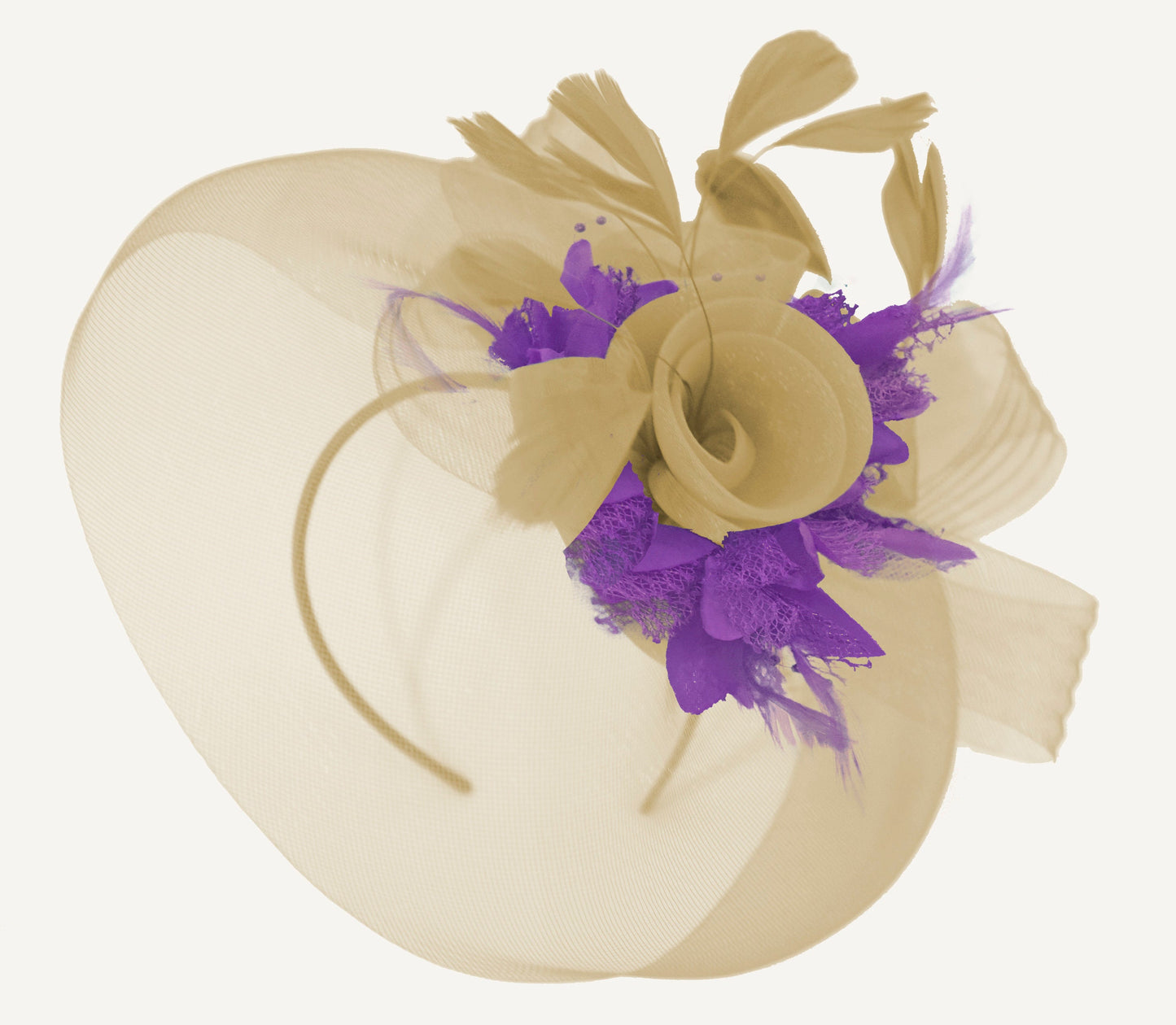 Caprilite Beige Camel and Cadbury Purple Fascinator Hat Veil Net Hair Clip Ascot Derby Races Wedding Headband Feather Flower