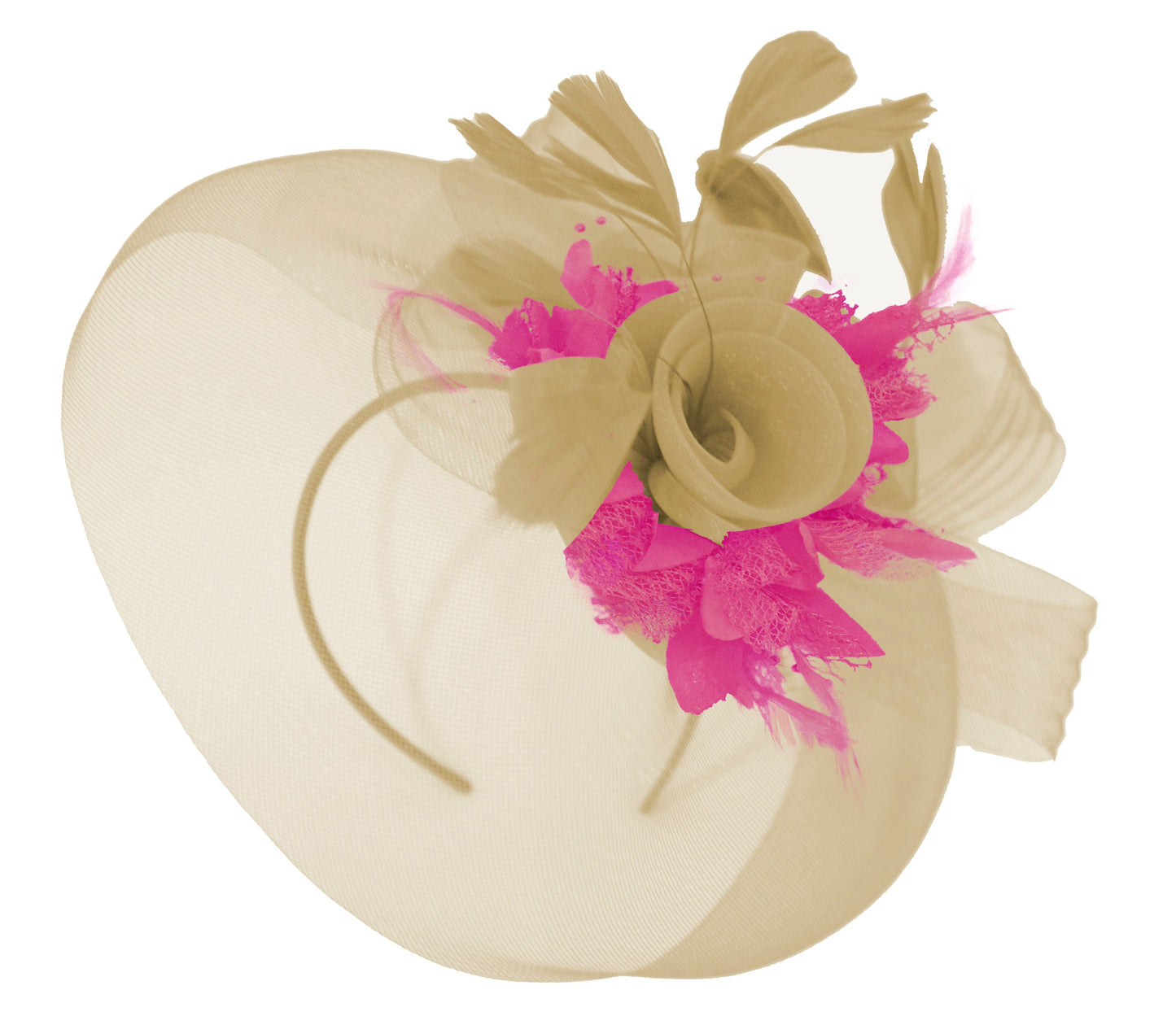 Caprilite Beige Camel and Fuchsia Fascinator Hat Veil Net Hair Clip Ascot Derby Races Wedding Headband Feather Flower