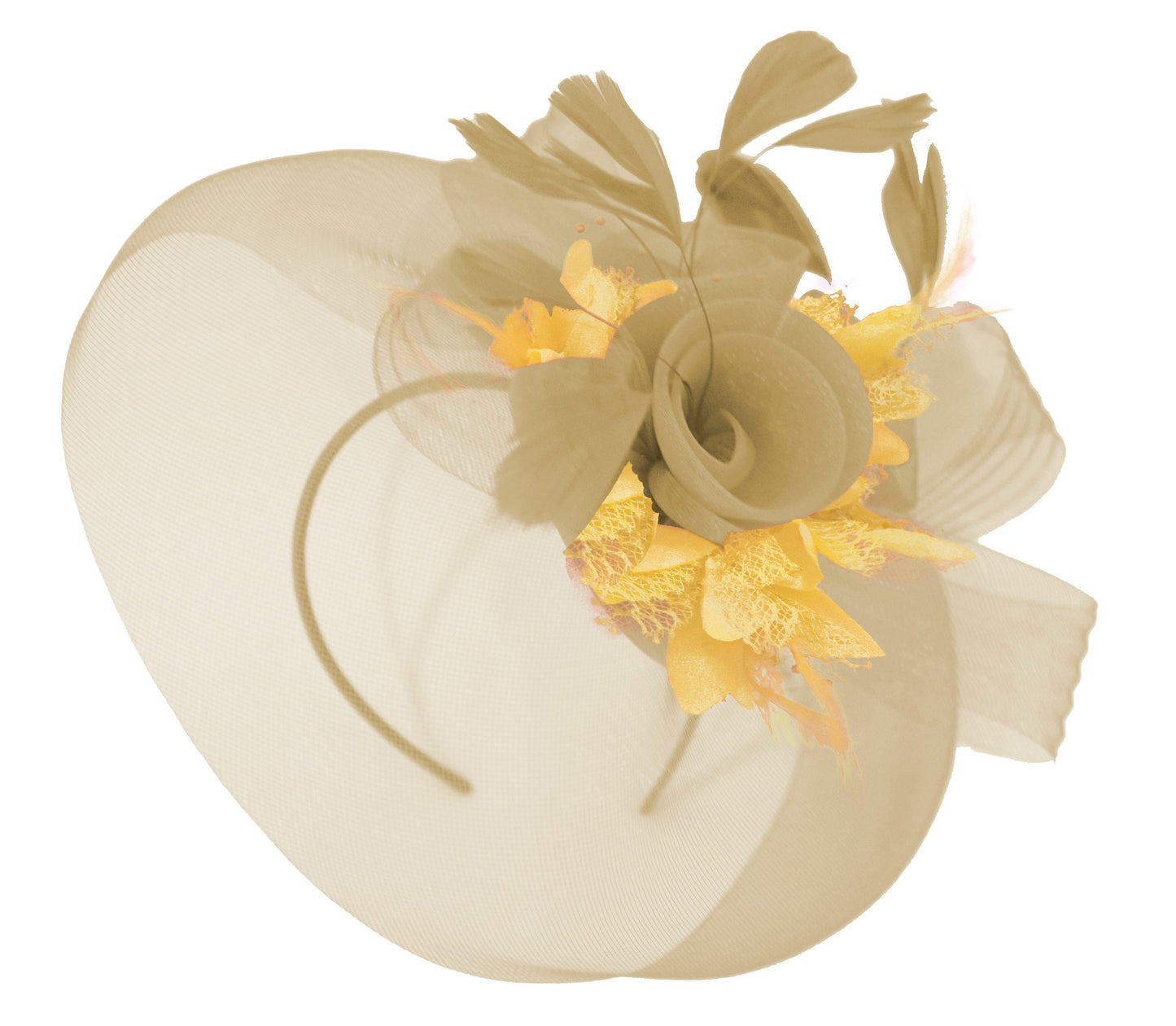 Caprilite Beige Camel and Gold Fascinator Hat Veil Net Hair Clip Ascot Derby Races Wedding Headband Feather Flower