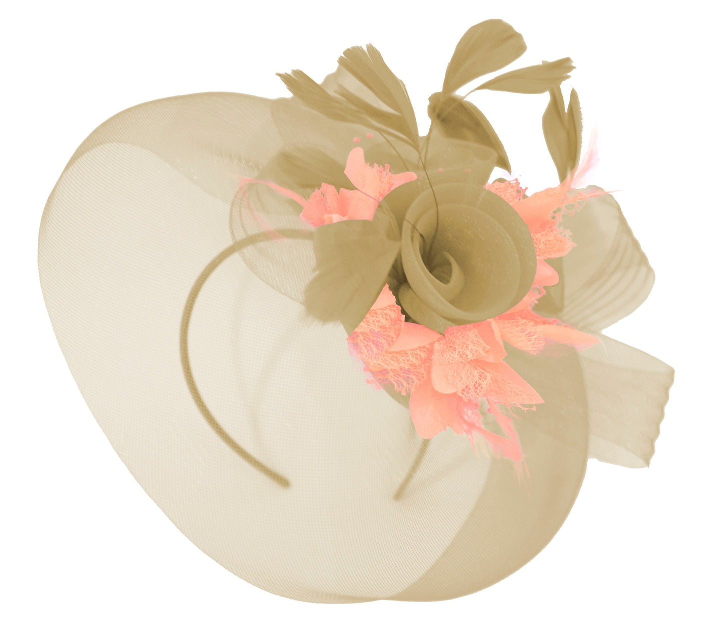 Caprilite Beige Camel and Peach Nude Fascinator Hat Veil Net Hair Clip Ascot Derby Races Wedding Headband Feather Flower