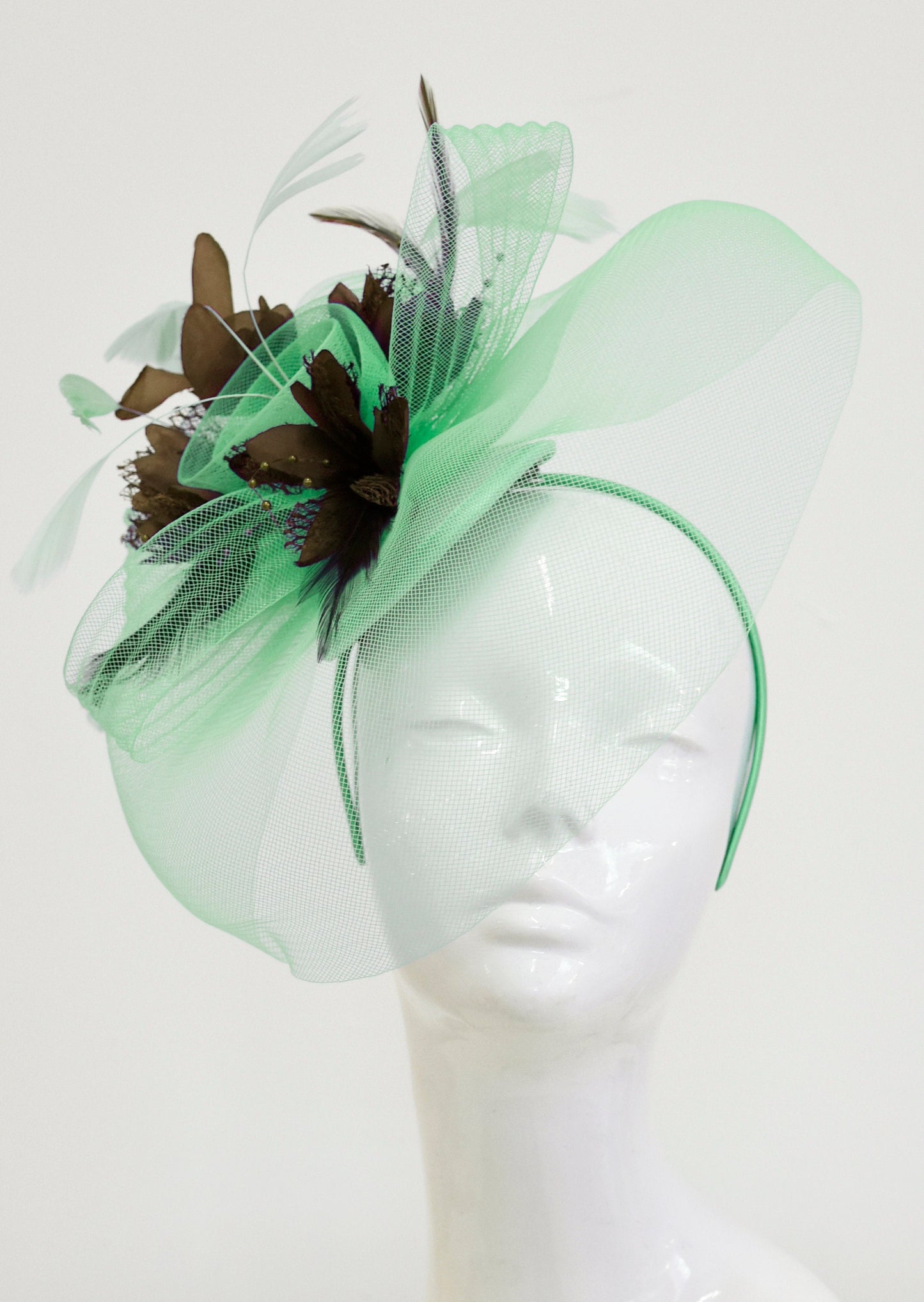 Caprilite Big Mint Green and Brown Fascinator Hat Veil Net Ascot Derby Races Wedding Headband Feather