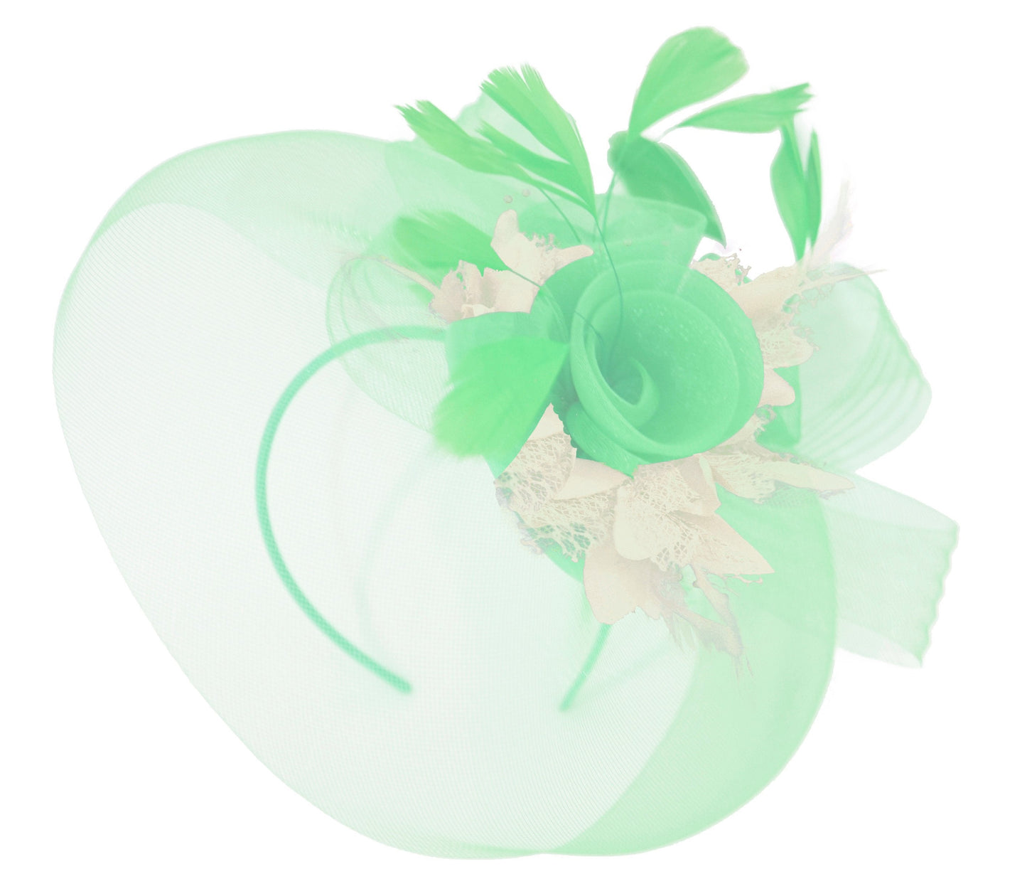 Caprilite Big Mint Green and Cream Ivory Fascinator Hat Veil Net Ascot Derby Races Wedding Headband Feather