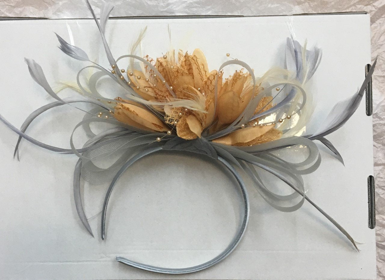 Caprilite Silver Grey and Nude Beige Camel Fascinator on Headband Alice Band UK Wedding Ascot Races Derby