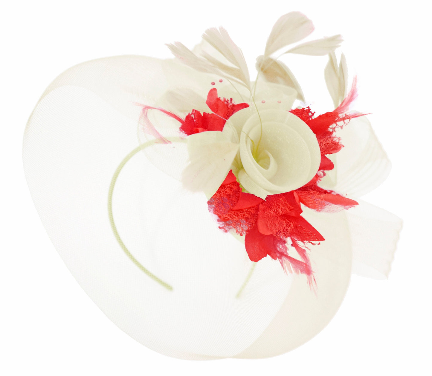 Caprilite Cream and Red Fascinator on Headband Veil UK Wedding Ascot Races Hatinator Women