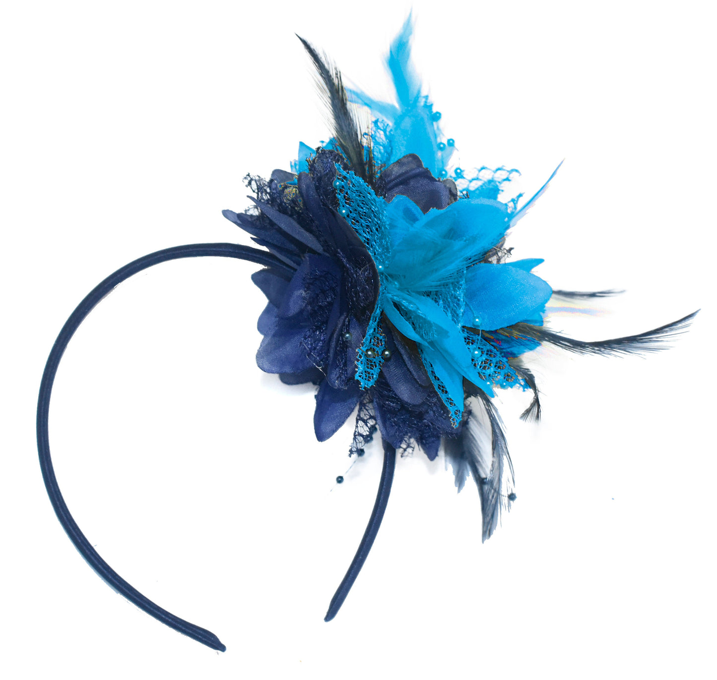 Caprilite Navy and  Aqua Fascinator Headband Hair Band Flower Corsage