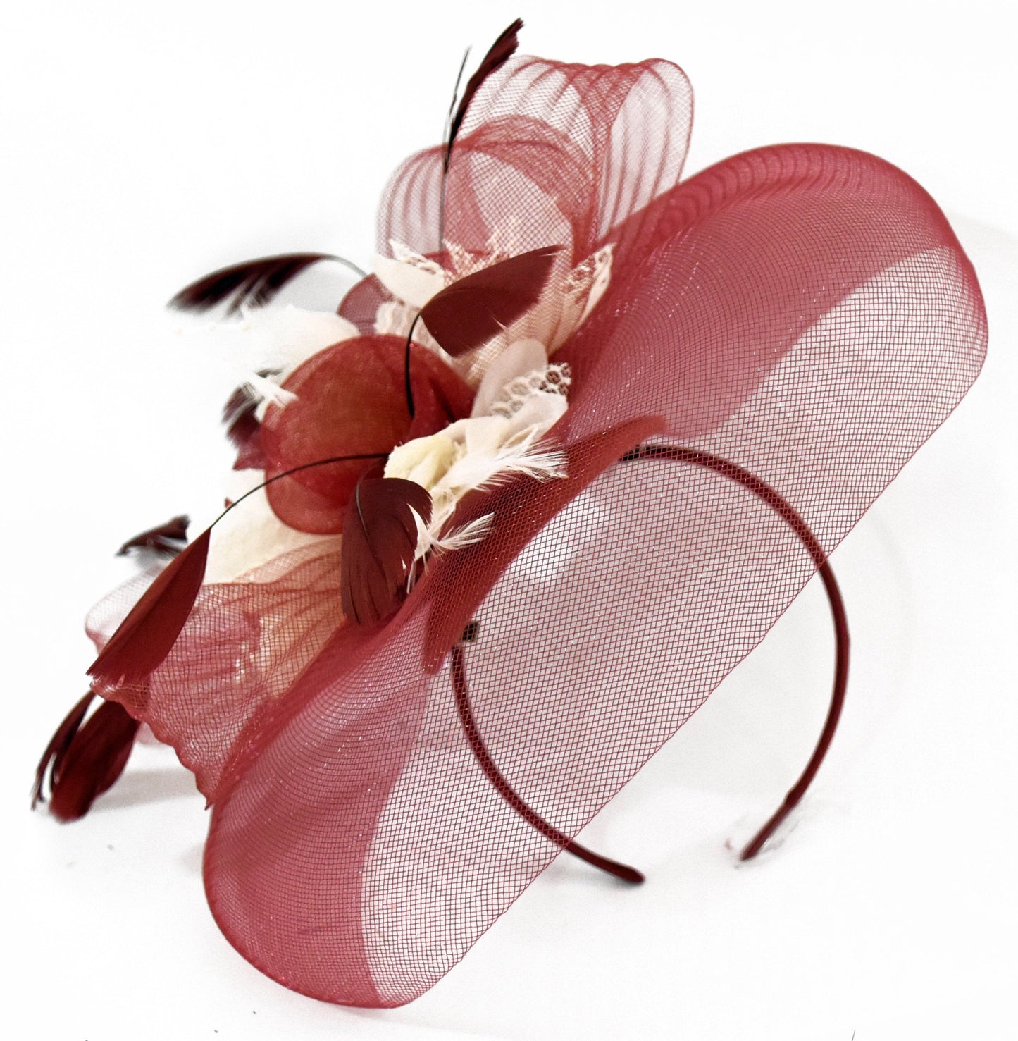 Caprilite Big Burgundy Cream Fascinator Hat Veil Net Hair Clip Ascot Derby Races Wedding Headband Feather Flower