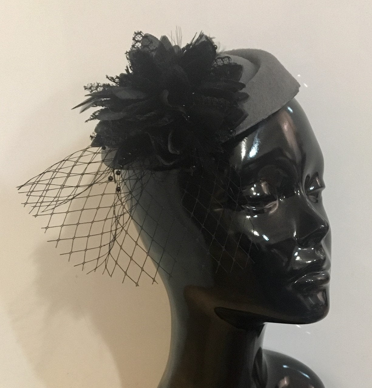 Caprilite Charcoal Dark Grey and Black Fascinator Hat Pill Box Flower Veil Hatinator UK Wedding Ascot Races Clip Felt