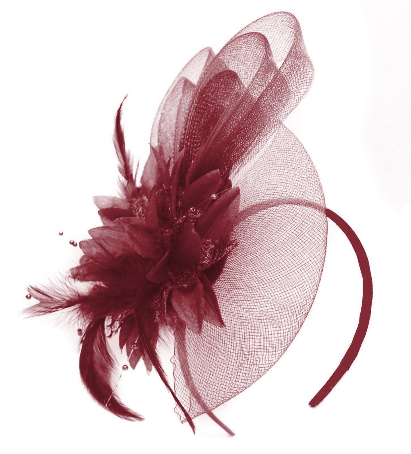 Caprilite Bordeaux Burgundy Flower Veil Feathers Fascinator On Headband Wedding