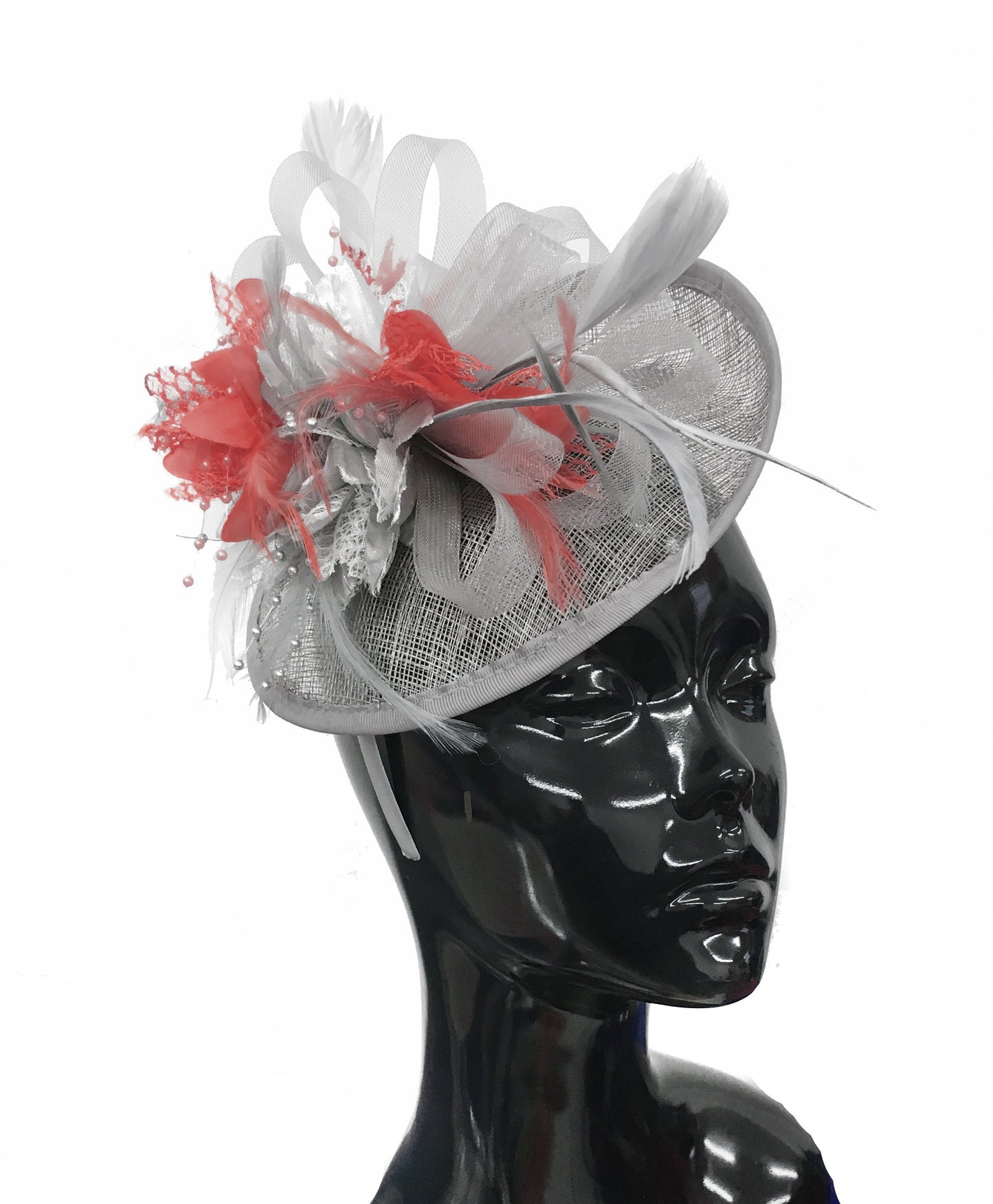 Caprilite Grey Silver and Coral Sinamay Disc Saucer Fascinator Hat for Women Weddings Headband