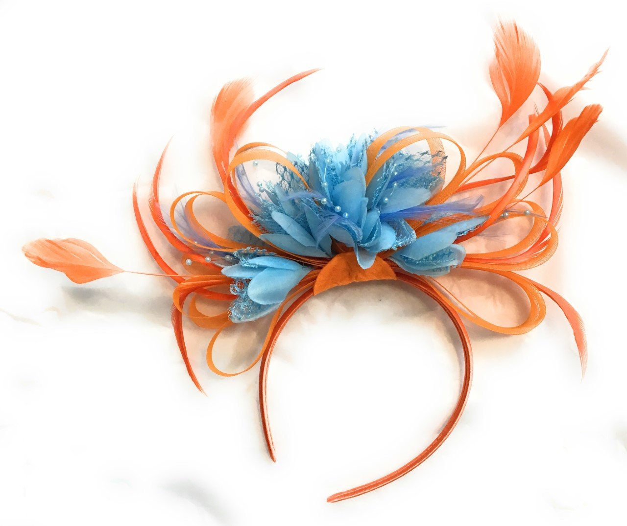 Caprilite Orange & Baby Light Sky Blue Fascinator on Headband AliceBand UK Wedding Ascot Races Loop