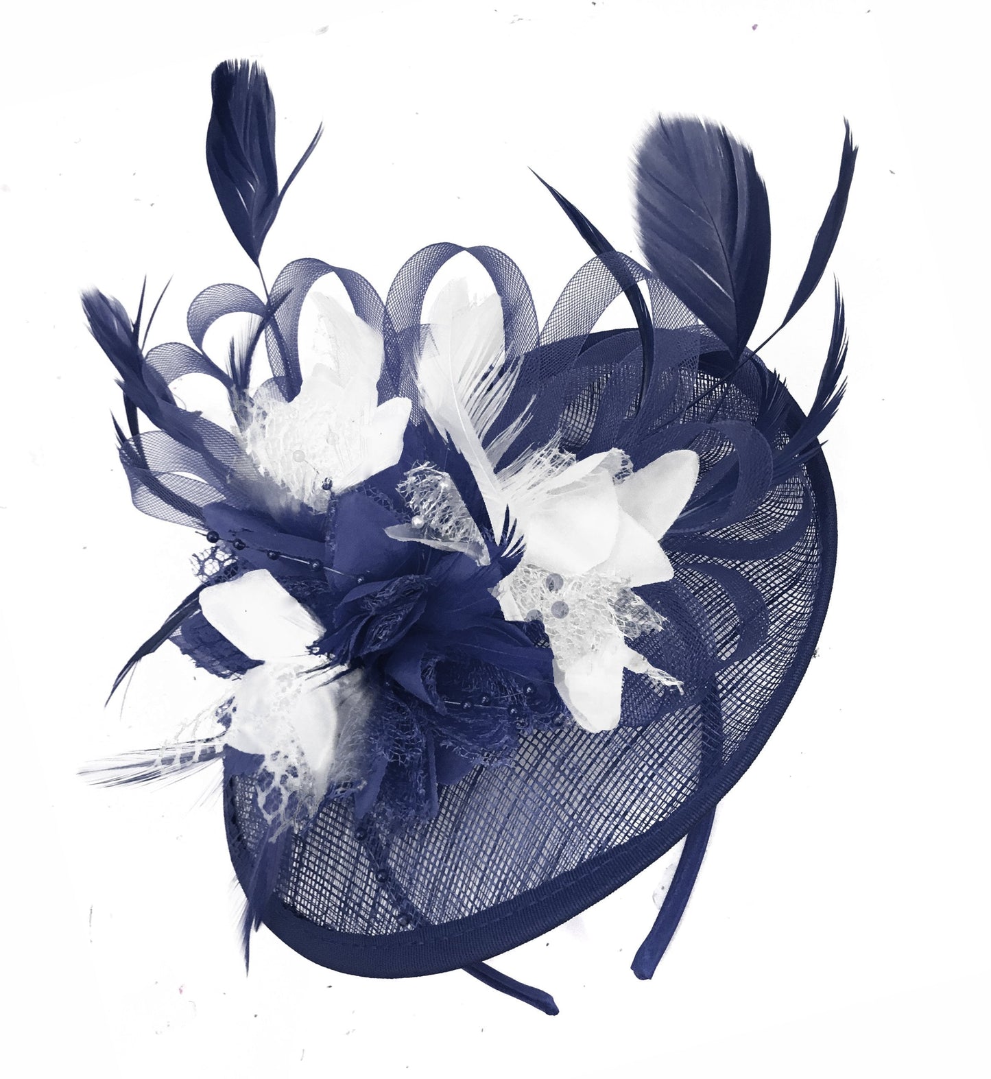 Caprilite Sinamay Navy Blue and White Disc Saucer Fascinator Hat for Women Weddings Headband