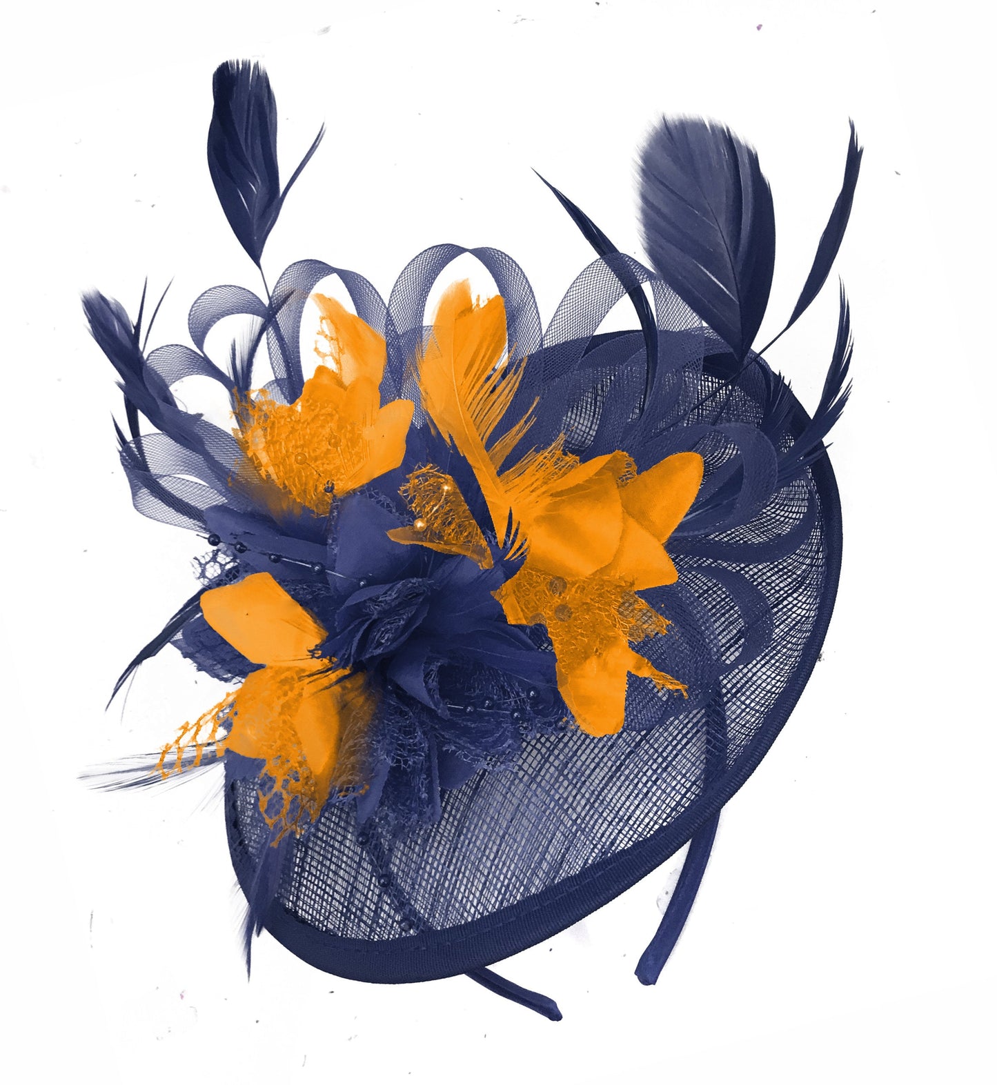Caprilite Sinamay Navy Blue and Orange Disc Saucer Fascinator Hat for Women Weddings Headband