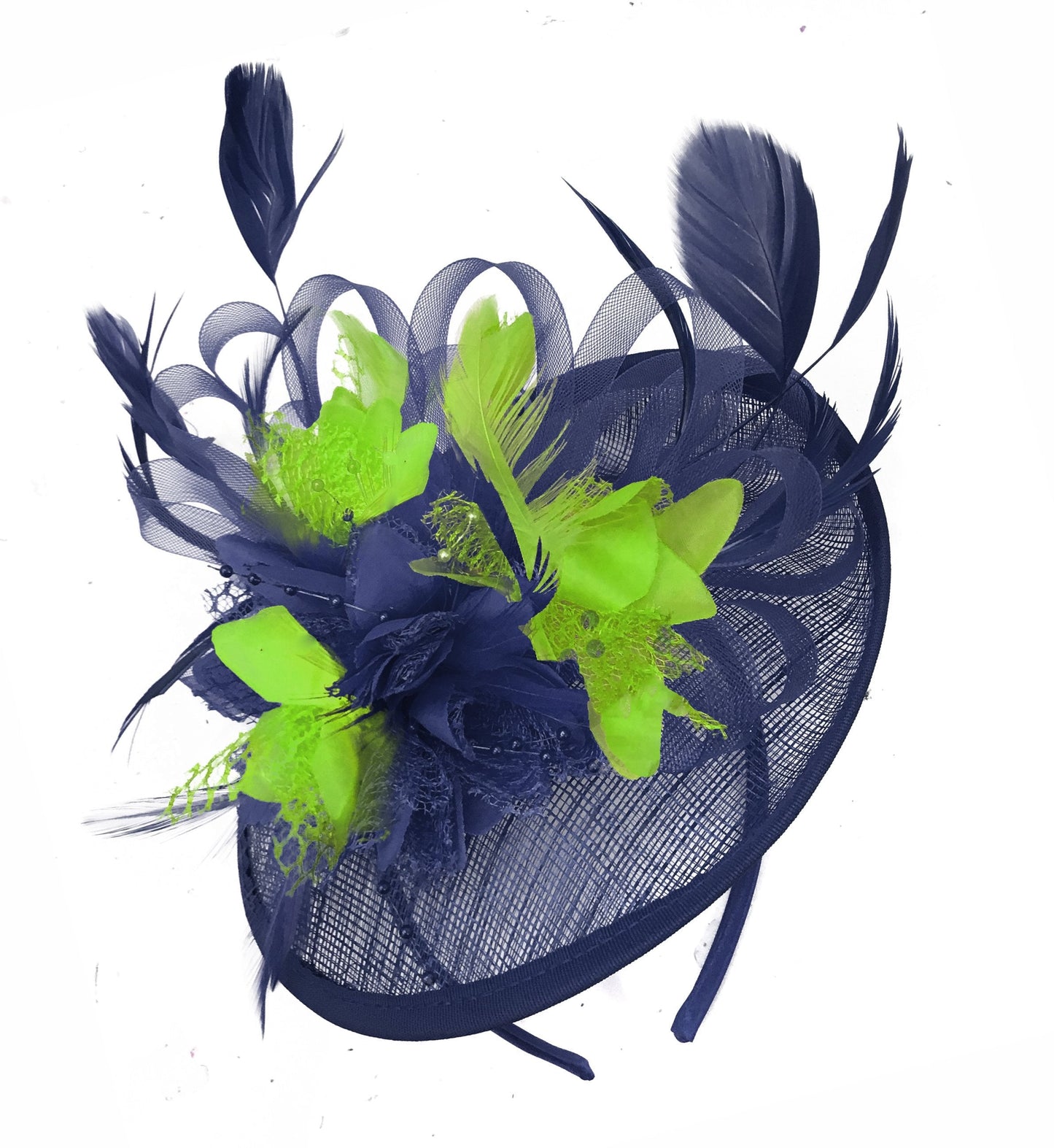 26cm Base Caprilite Sinamay Navy Blue and Lime Apple Green Disc Saucer Fascinator Hat for Women Weddings Headband