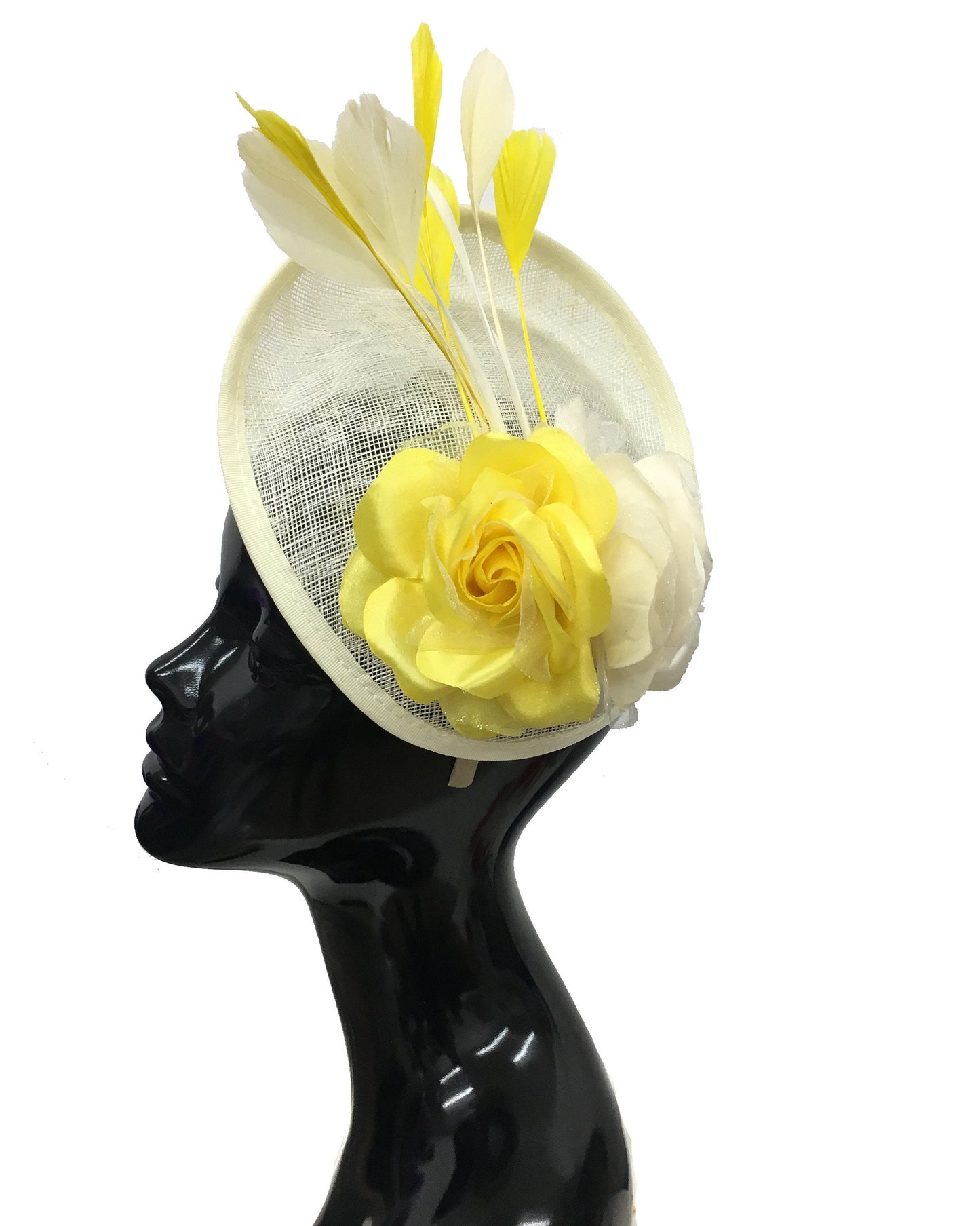 Caprilite Sinamay Rose Cream and Yellow Disc Saucer Hatinator Fascinator On Headband Wedding
