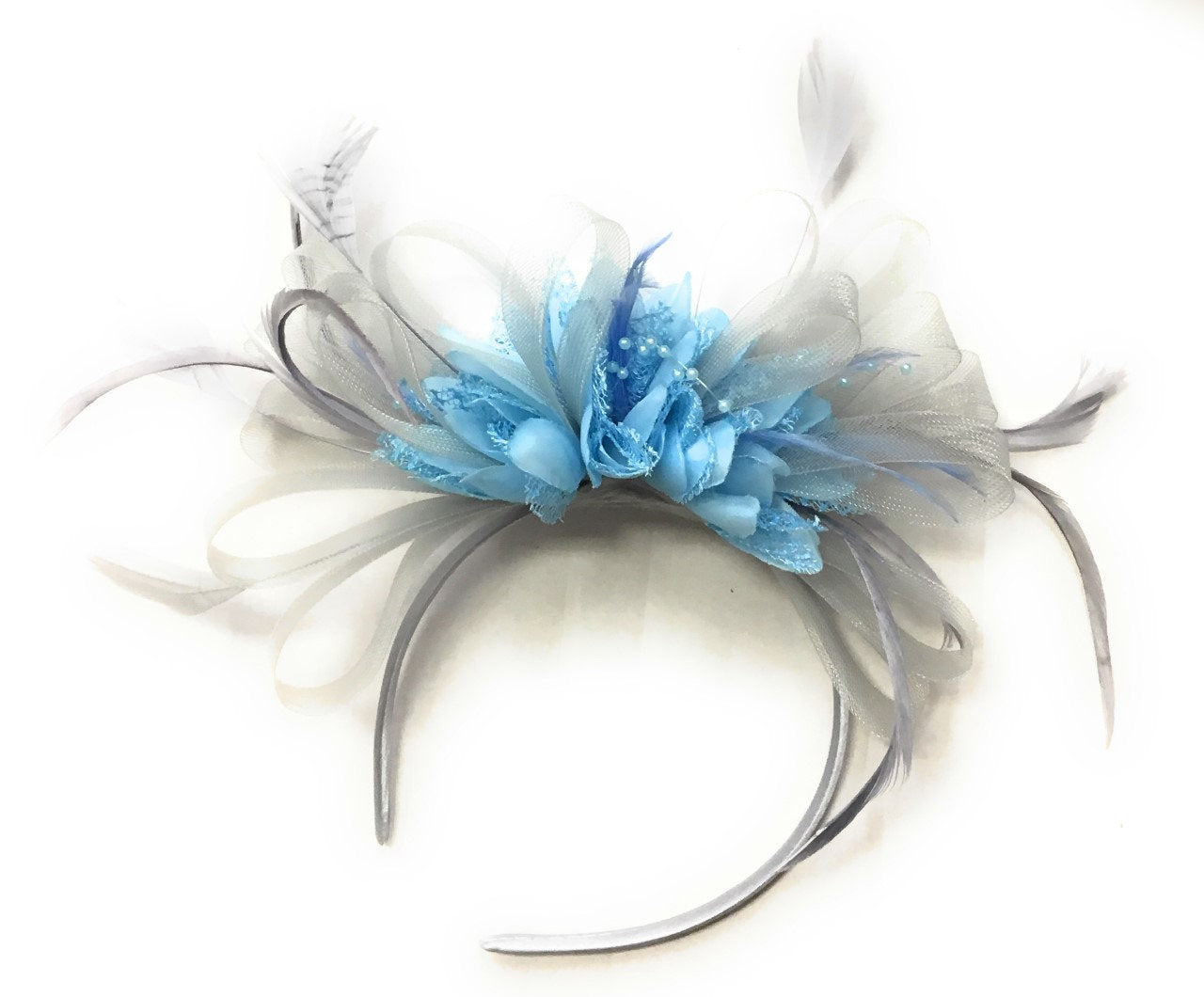 Caprilite Silver Grey and Baby Blue Light Fascinator on Headband Alice Band UK Wedding Ascot Races Derby