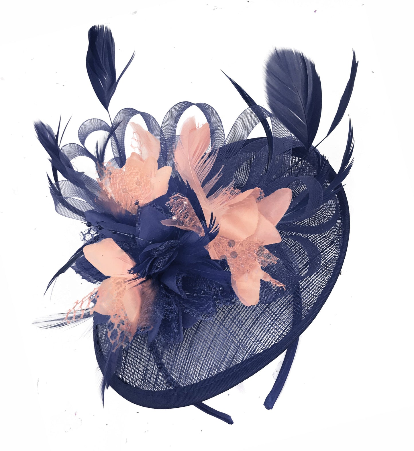 Caprilite Sinamay Navy Blue and Peach Nude Disc Saucer Fascinator Hat for Women Weddings Headband