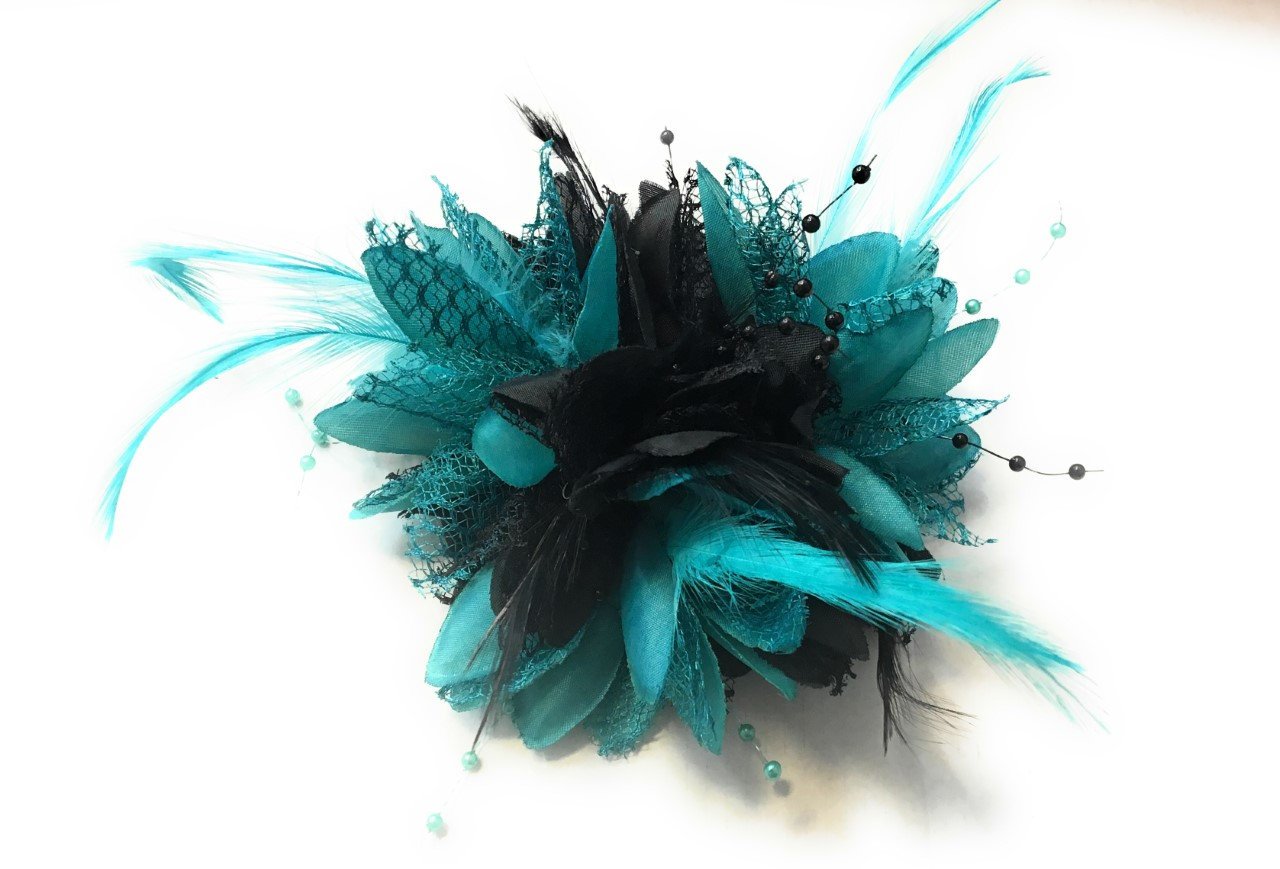Caprilite Black and Aqua Turquoise Green Fascinator Flower Corsage on Clip Pin and Bobble