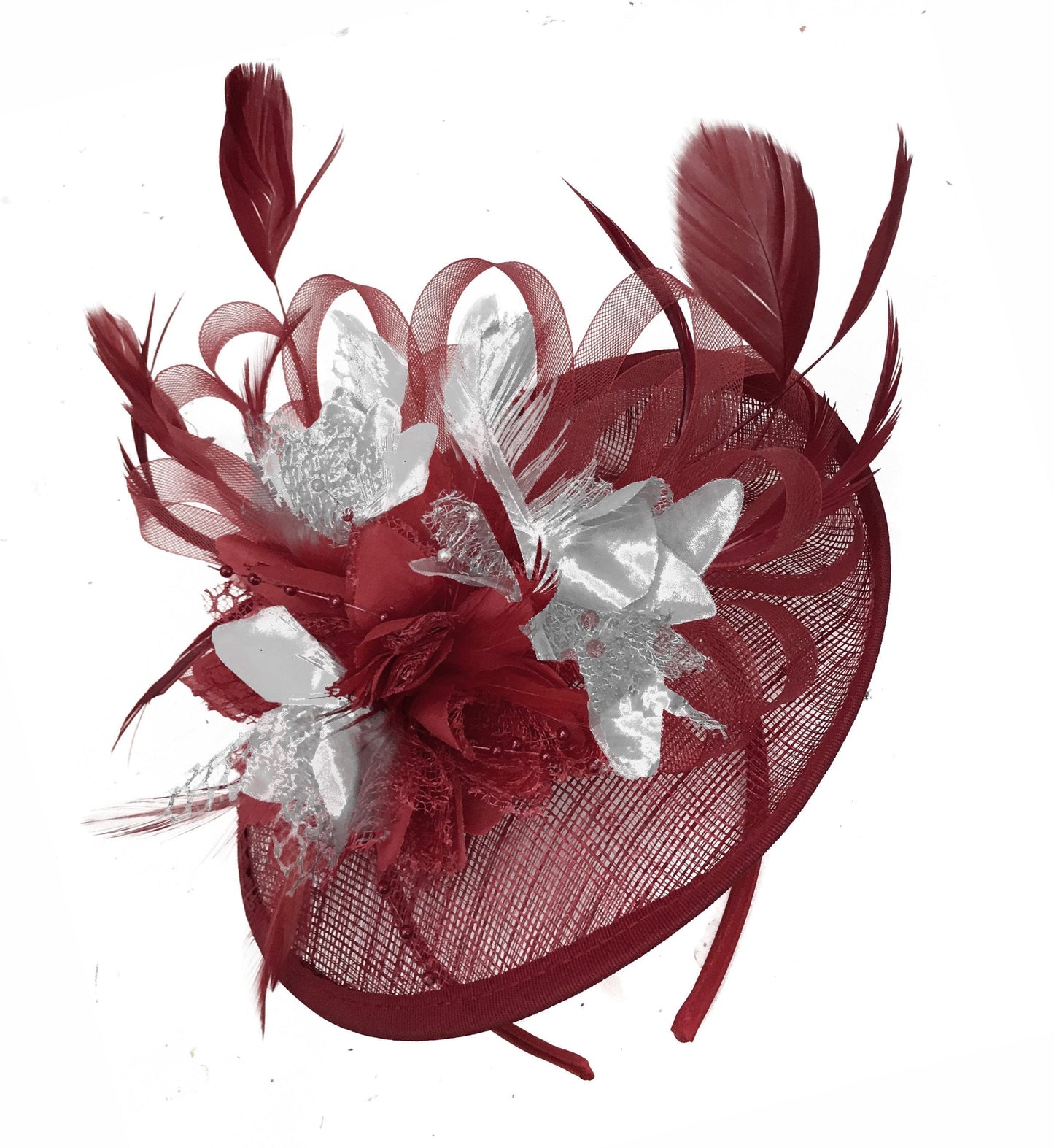 Caprilite Burgundy and Silver Sinamay Disc Saucer Fascinator Hat for Women Weddings Headband