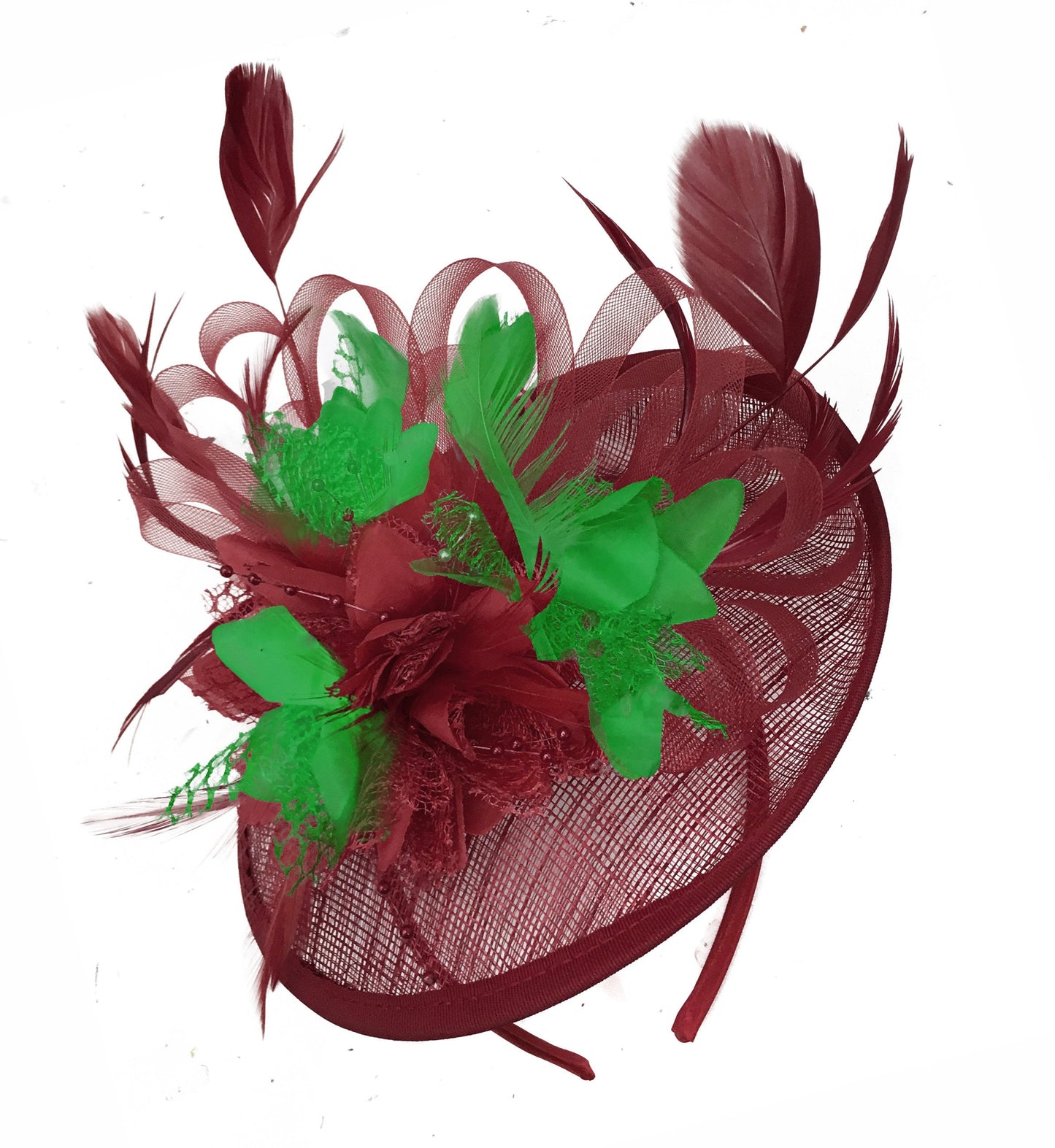 Caprilite Burgundy and Jade Green Sinamay Disc Saucer Fascinator Hat for Women Weddings Headband
